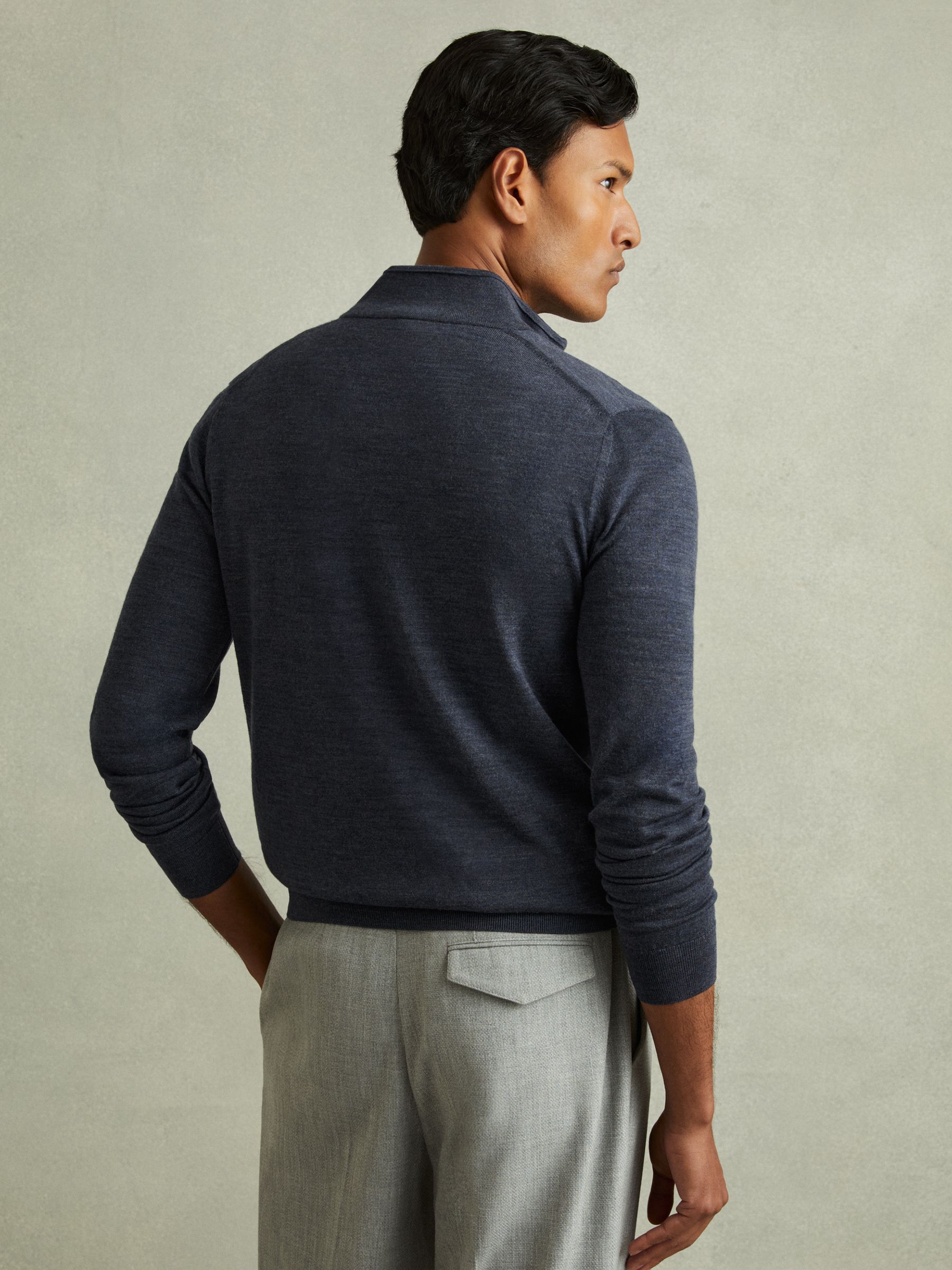 Merino Wool Zip-Through Funnel-Neck Cardigan in Dark Airforce Blue Melange - Image 4 of 6
