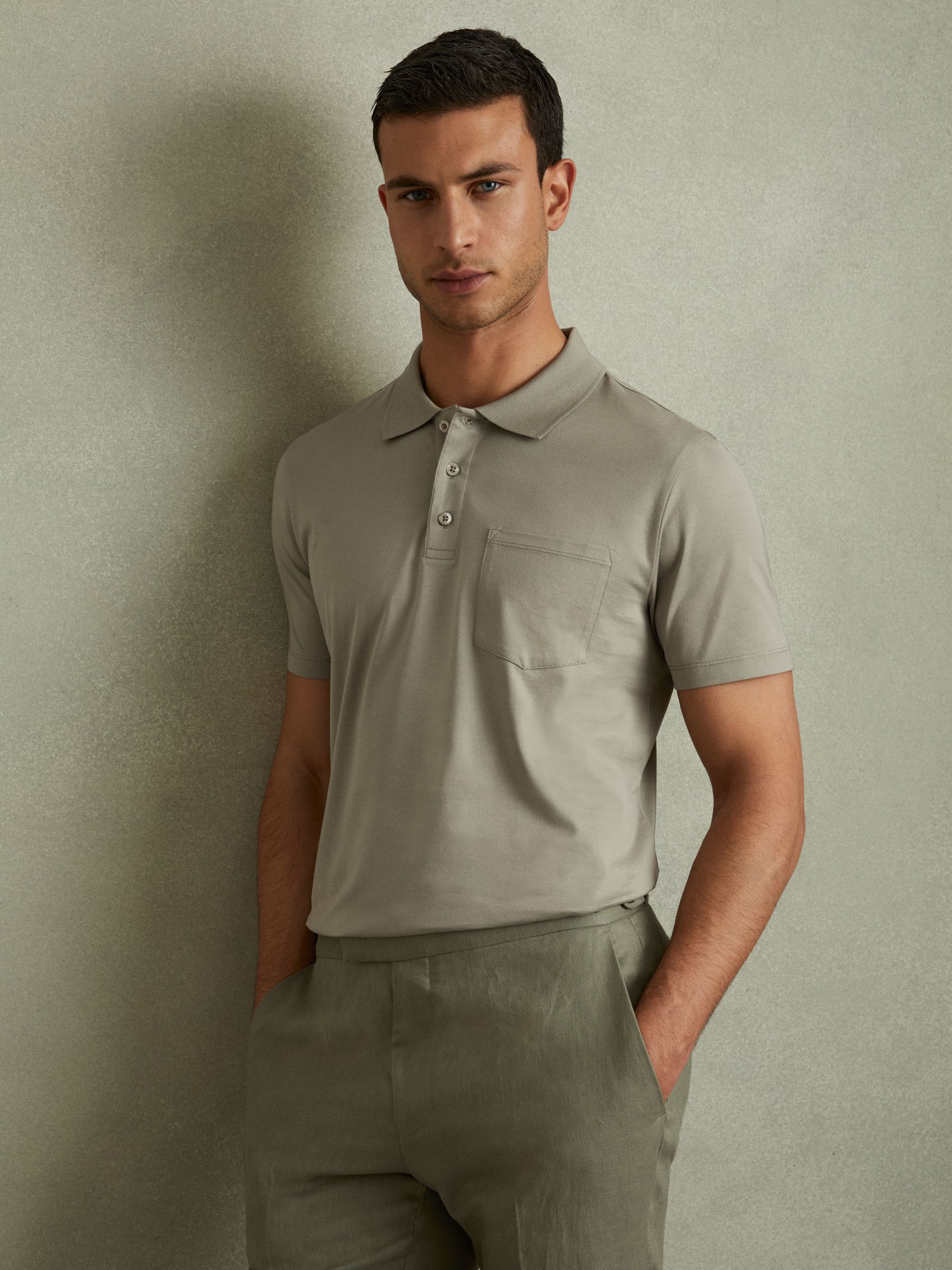 Mercerised Cotton Polo Shirt in Dusty Green - Image 1 of 5