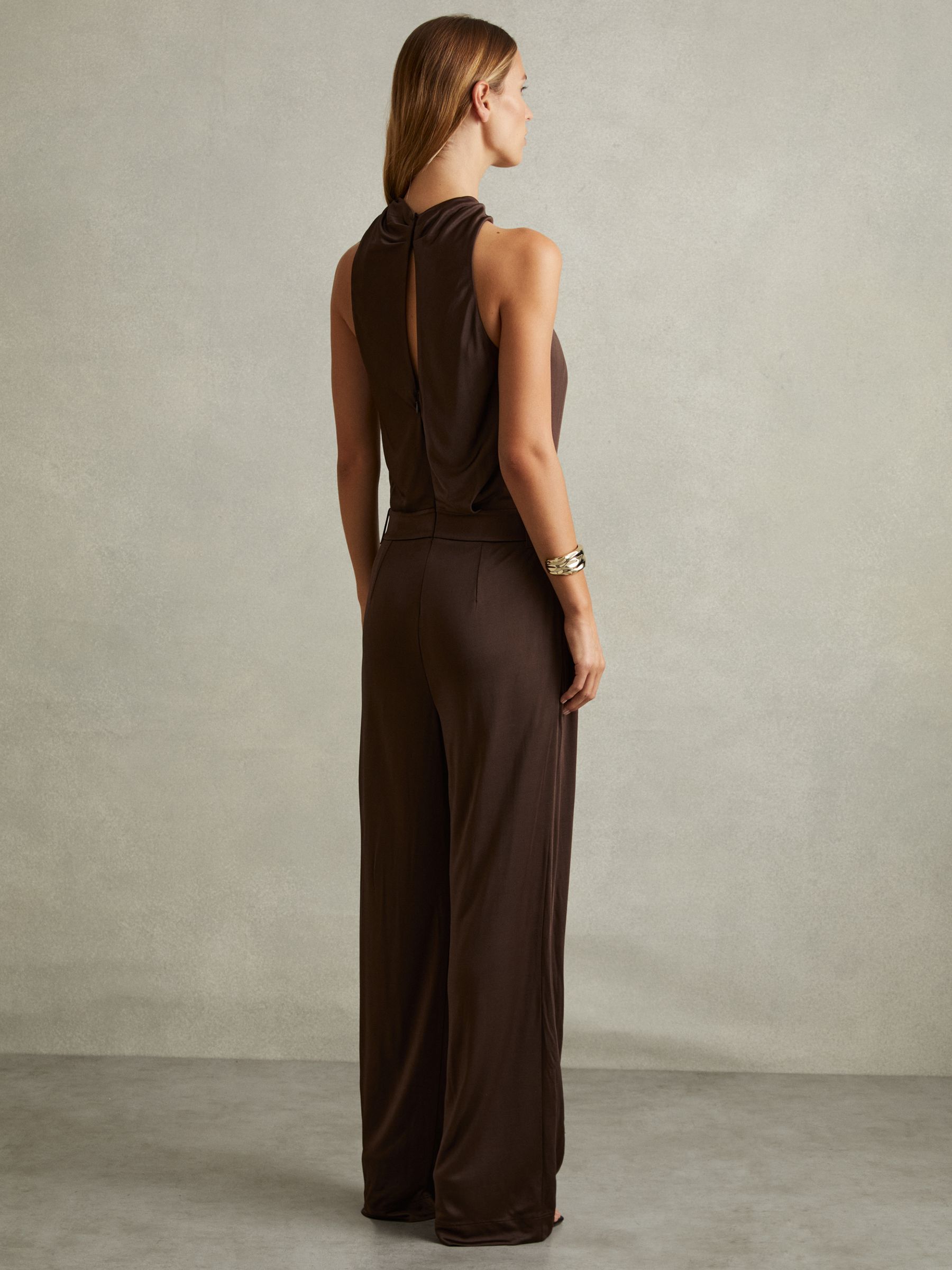 Claudia Chocolate Jersey Halter Neck Wide Leg Jumpsuit - Image 5 of 6