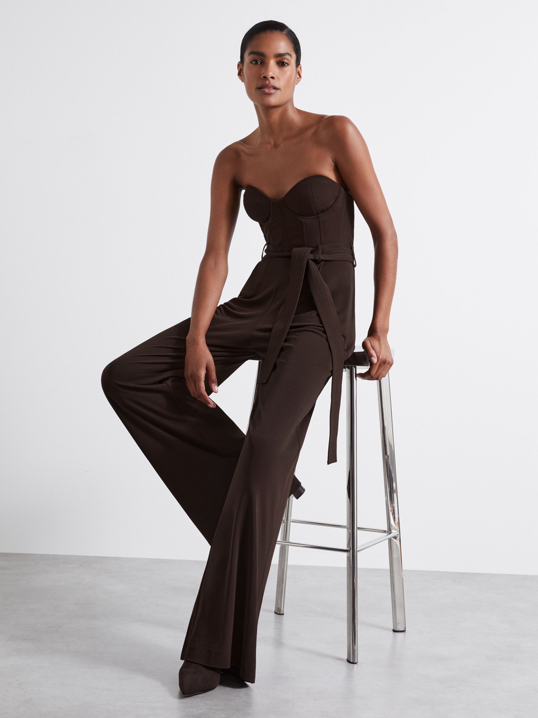 Atelier Strapless Crepe Bustier Jumpsuit in Chocolate - Image 4 of 6