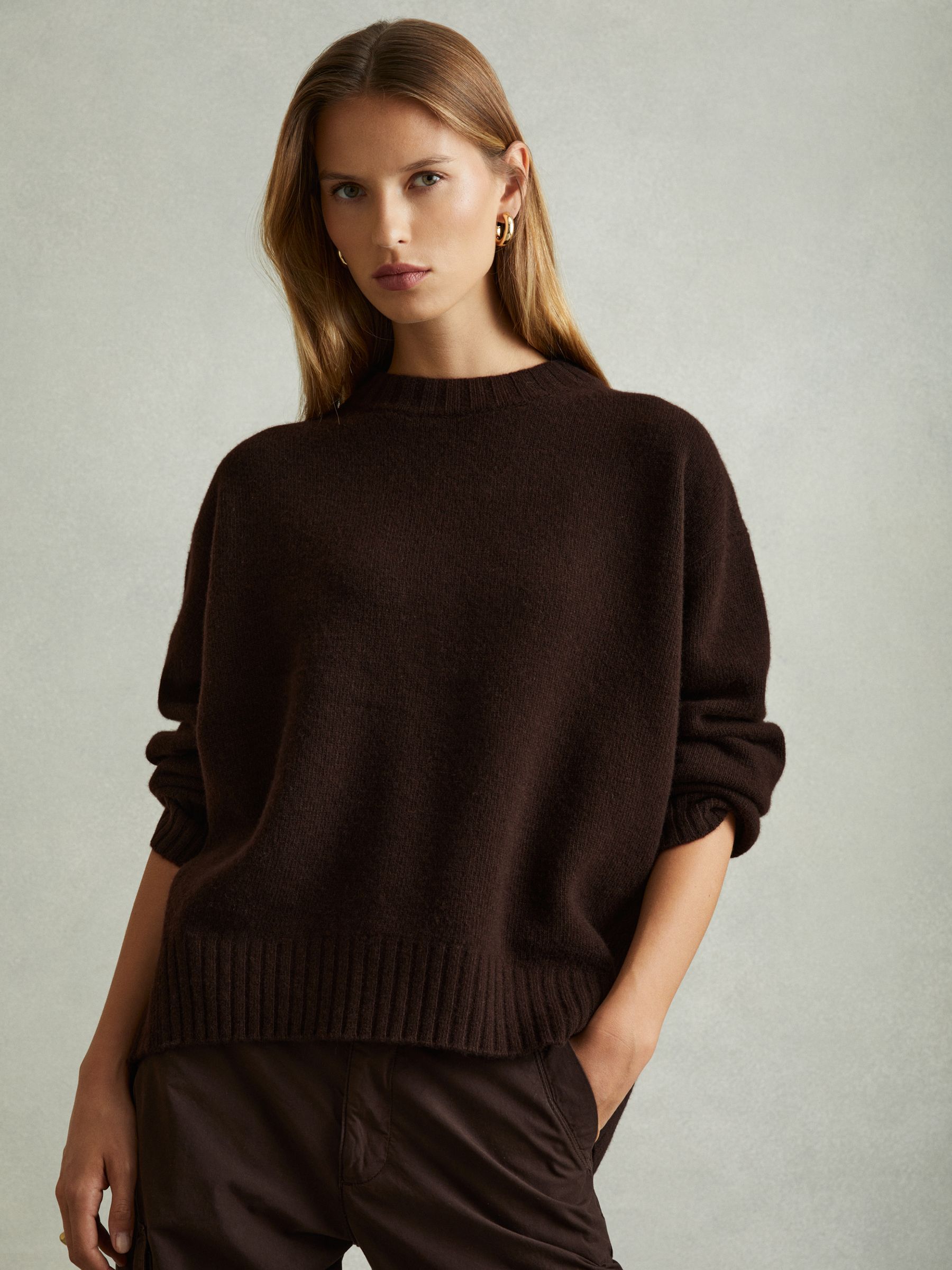 Wool-Cashmere Crew Neck Jumper in Chocolate - Image 1 of 6