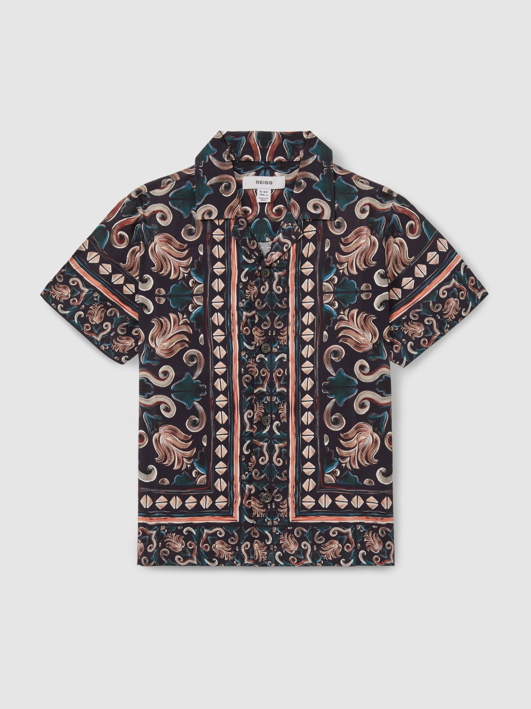 13-14 yrs Ornamental Print Cuban Collar Shirt in Dark Teal - Image 1 of 3