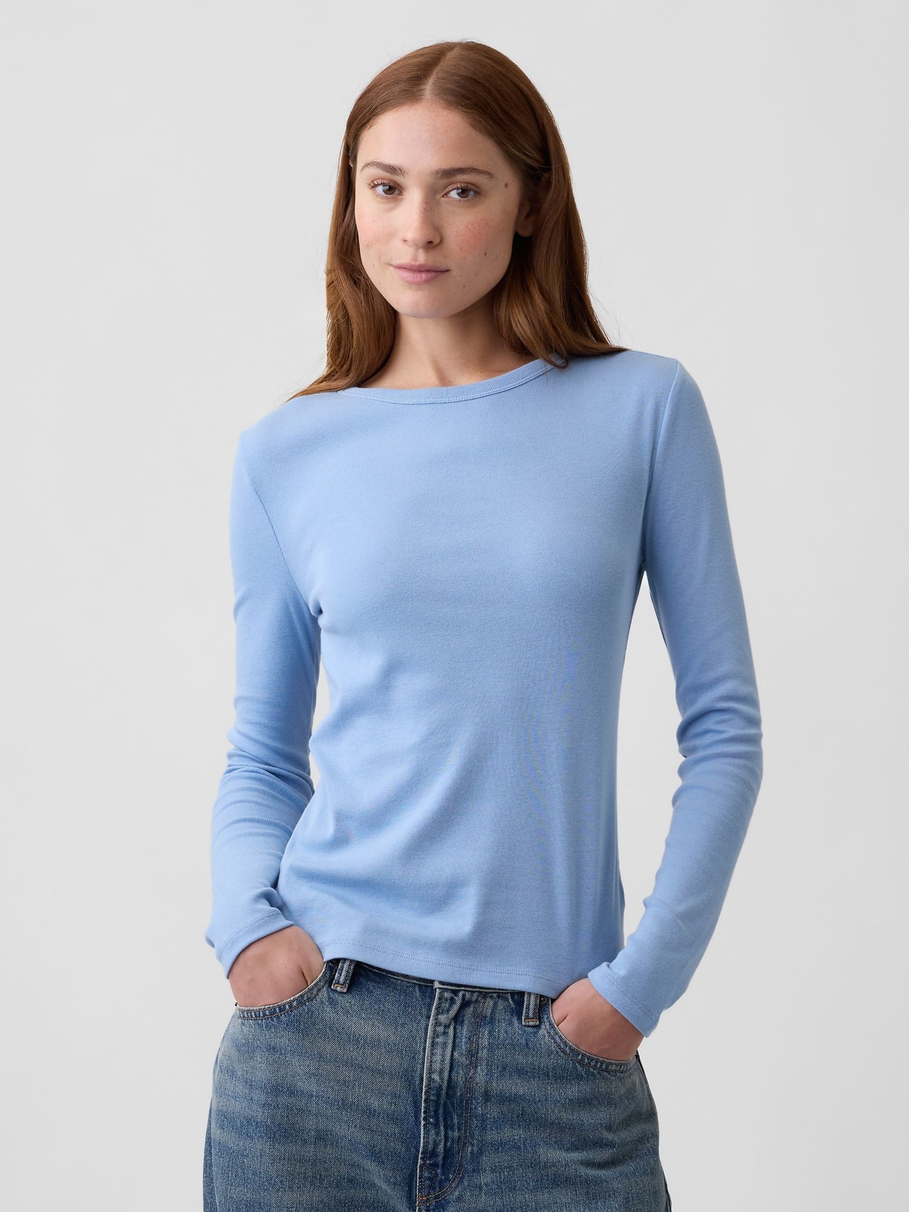 Blue Modern Ribbed Long Sleeve T-Shirt - Image 1 of 5 Blue Modern Ribbed Long Sleeve T-Shirt - Image 1 of 5
