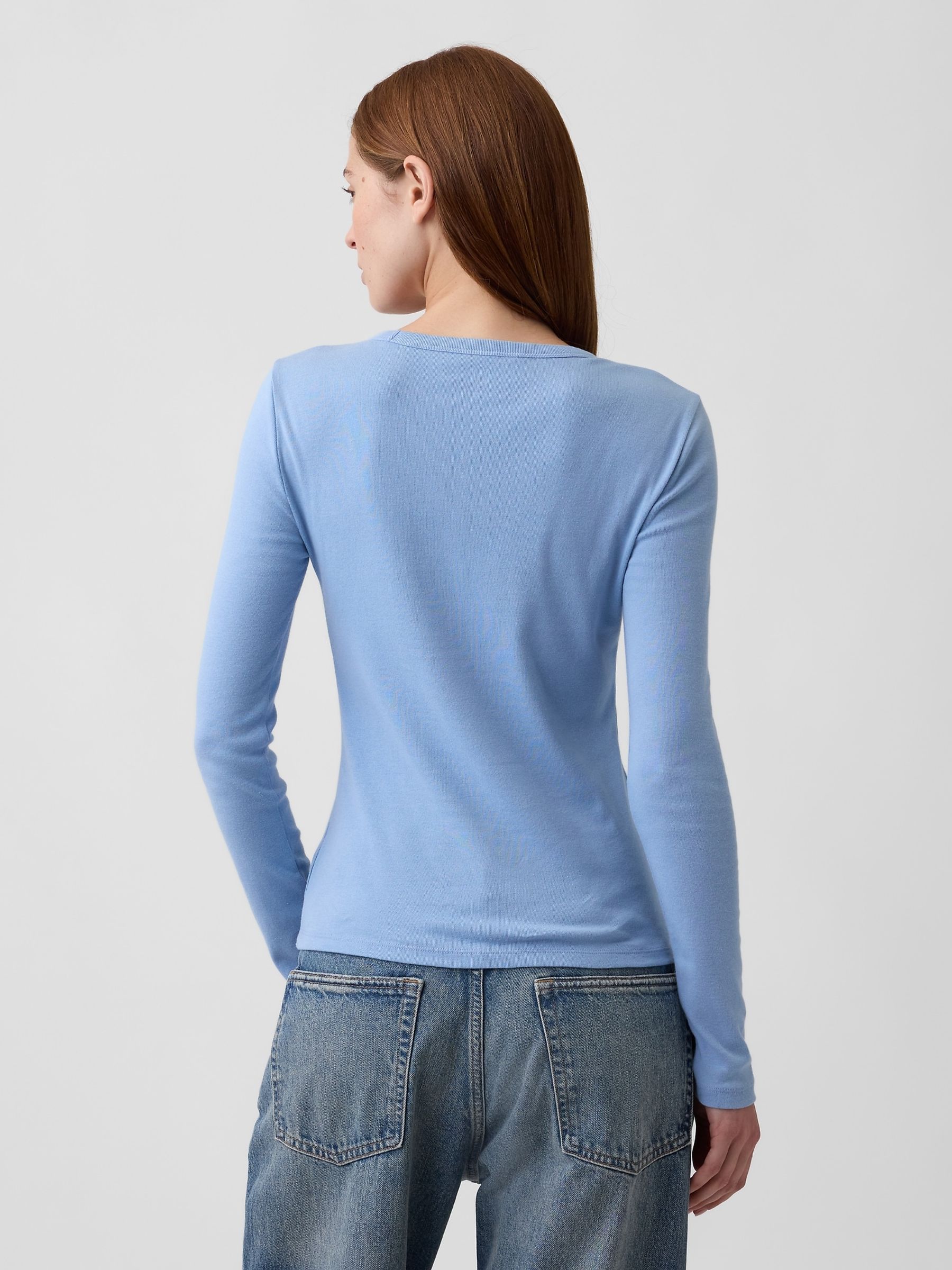Blue Modern Ribbed Long Sleeve T-Shirt - Image 2 of 5 Blue Modern Ribbed Long Sleeve T-Shirt - Image 2 of 5