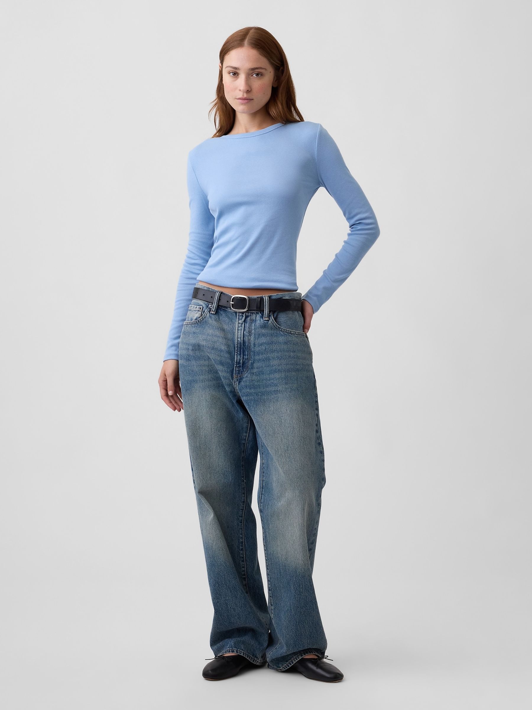Blue Modern Ribbed Long Sleeve T-Shirt - Image 3 of 5