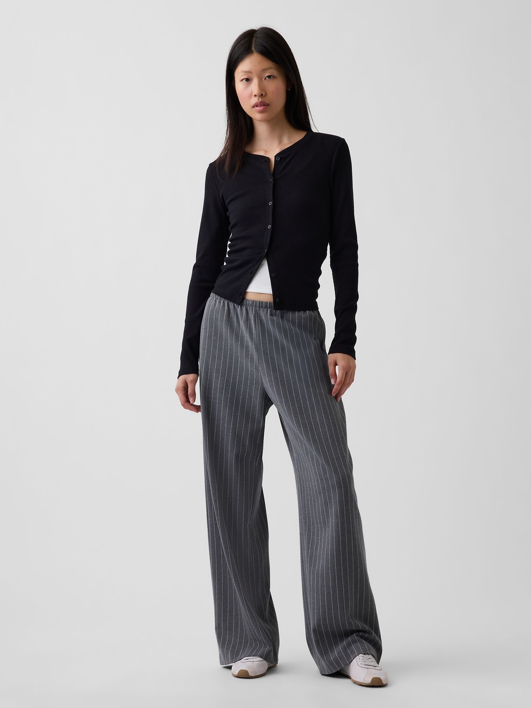 Grey Stripe Brushed Twill Easy Wide-Leg Trousers - Image 4 of 5