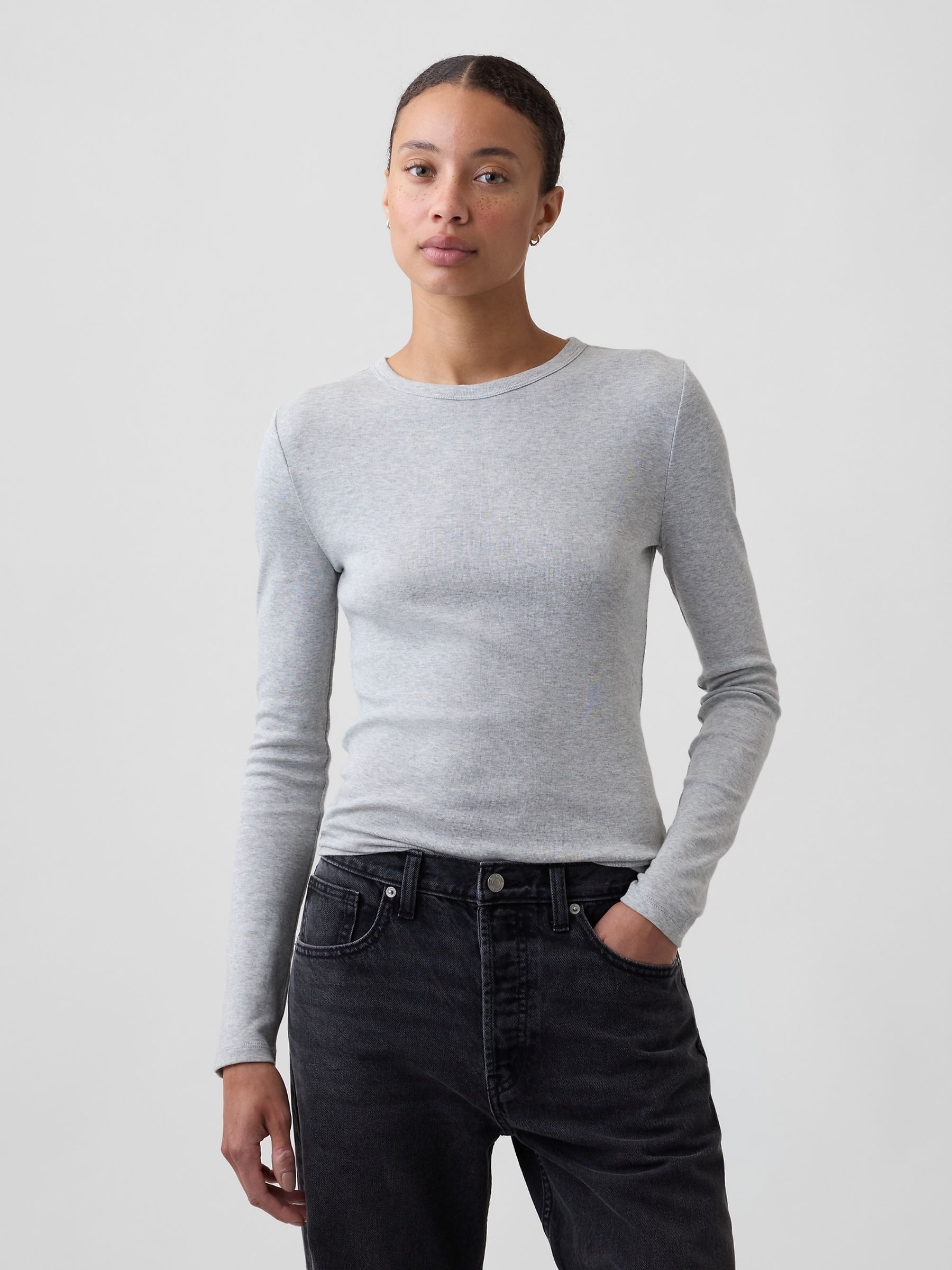 Grey Modern Ribbed Long Sleeve T-Shirt - Image 1 of 5