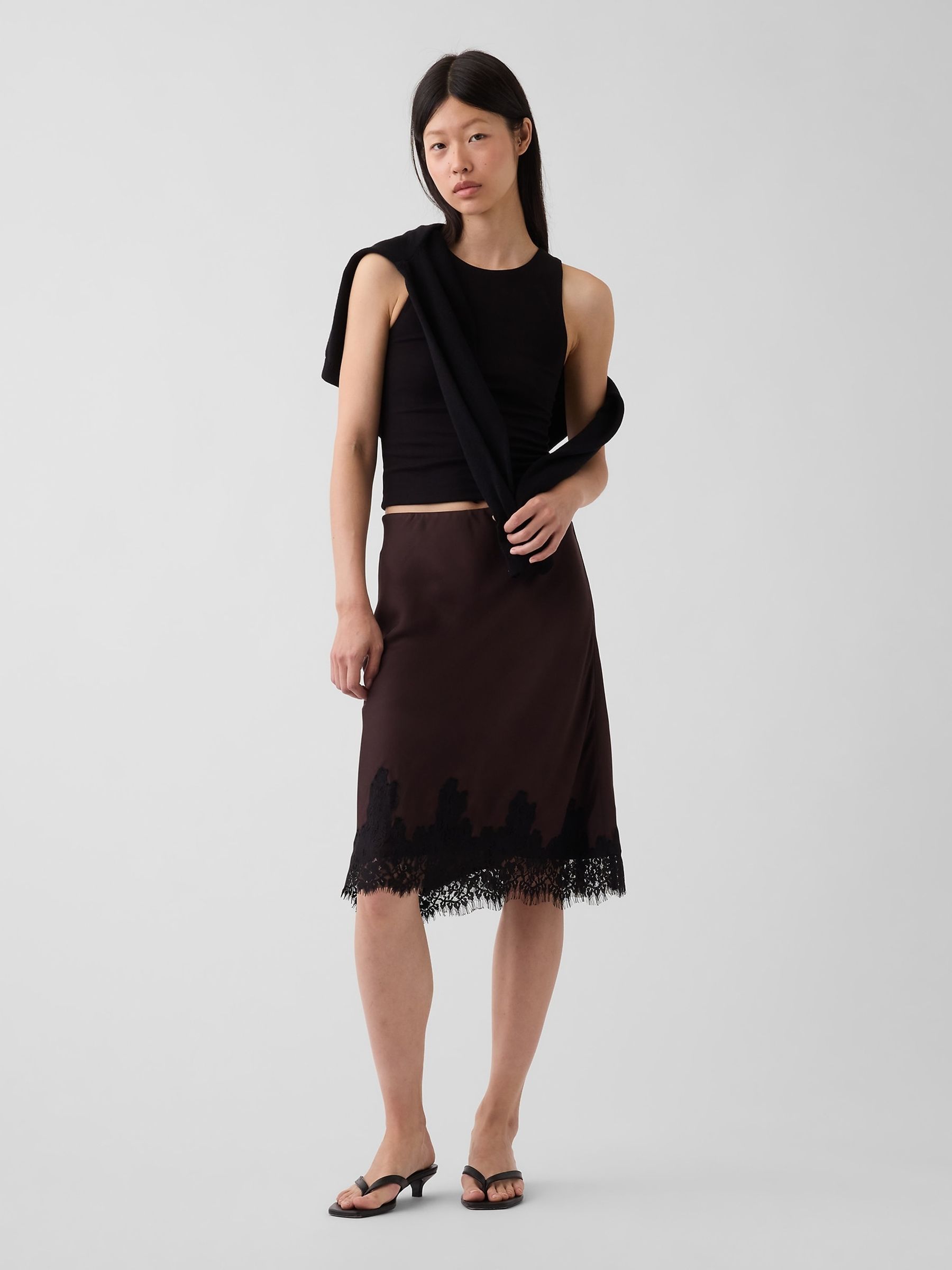 Black Lace-Hem Easy Knee-Length Skirt - Image 1 of 4 Black Lace-Hem Easy Knee-Length Skirt - Image 1 of 4