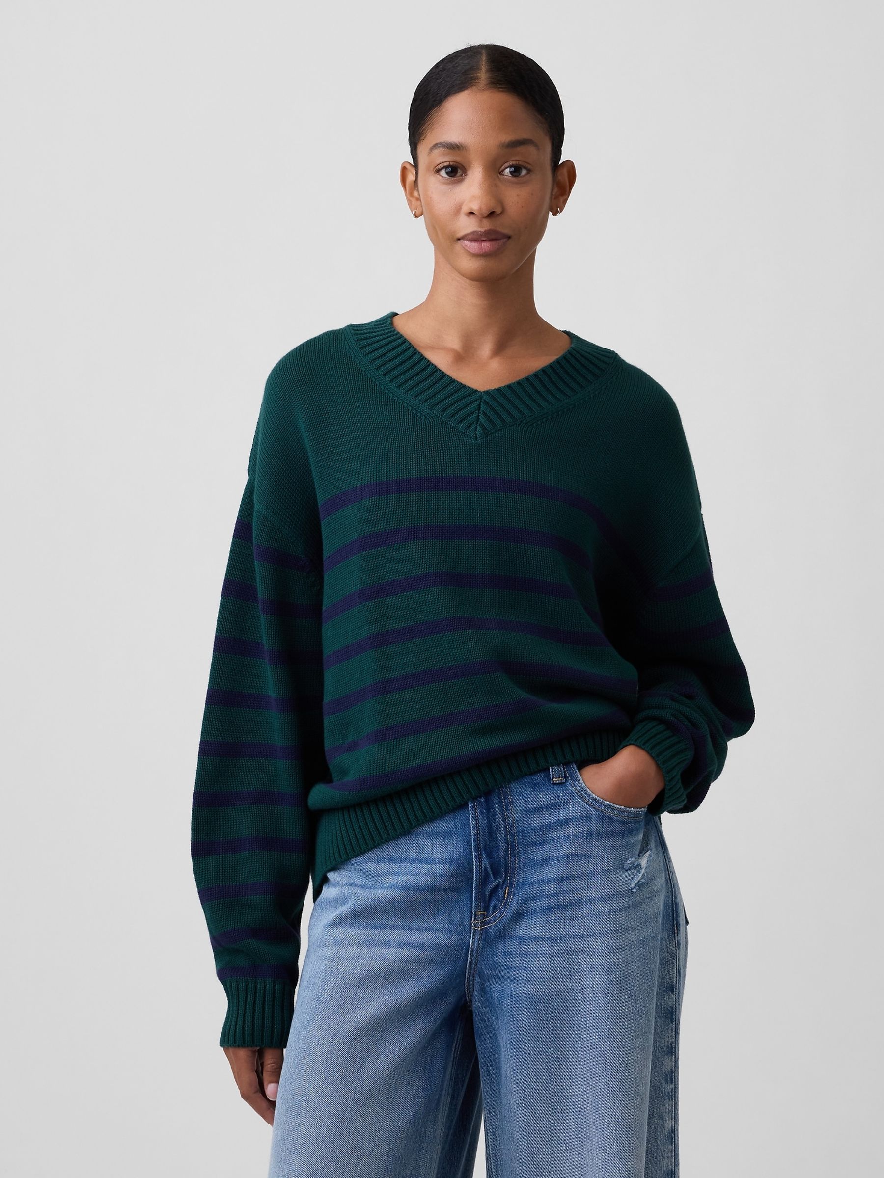 Green Stripe Oversized V-Neck Jumper - Image 1 of 5