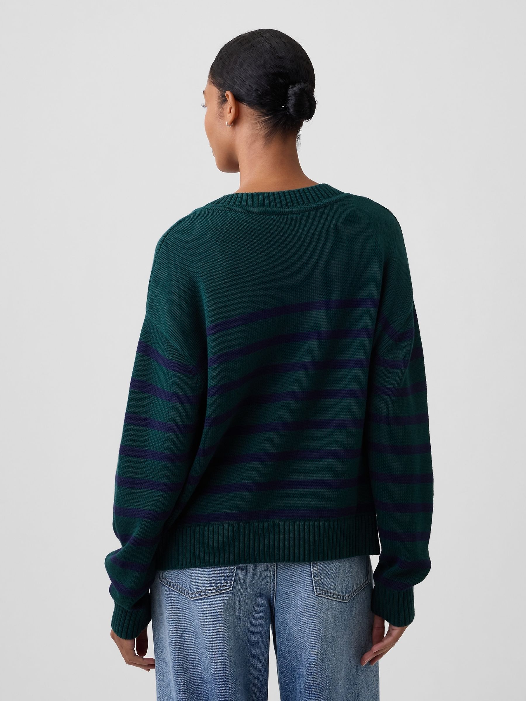 Green Stripe Oversized V-Neck Jumper - Image 2 of 5