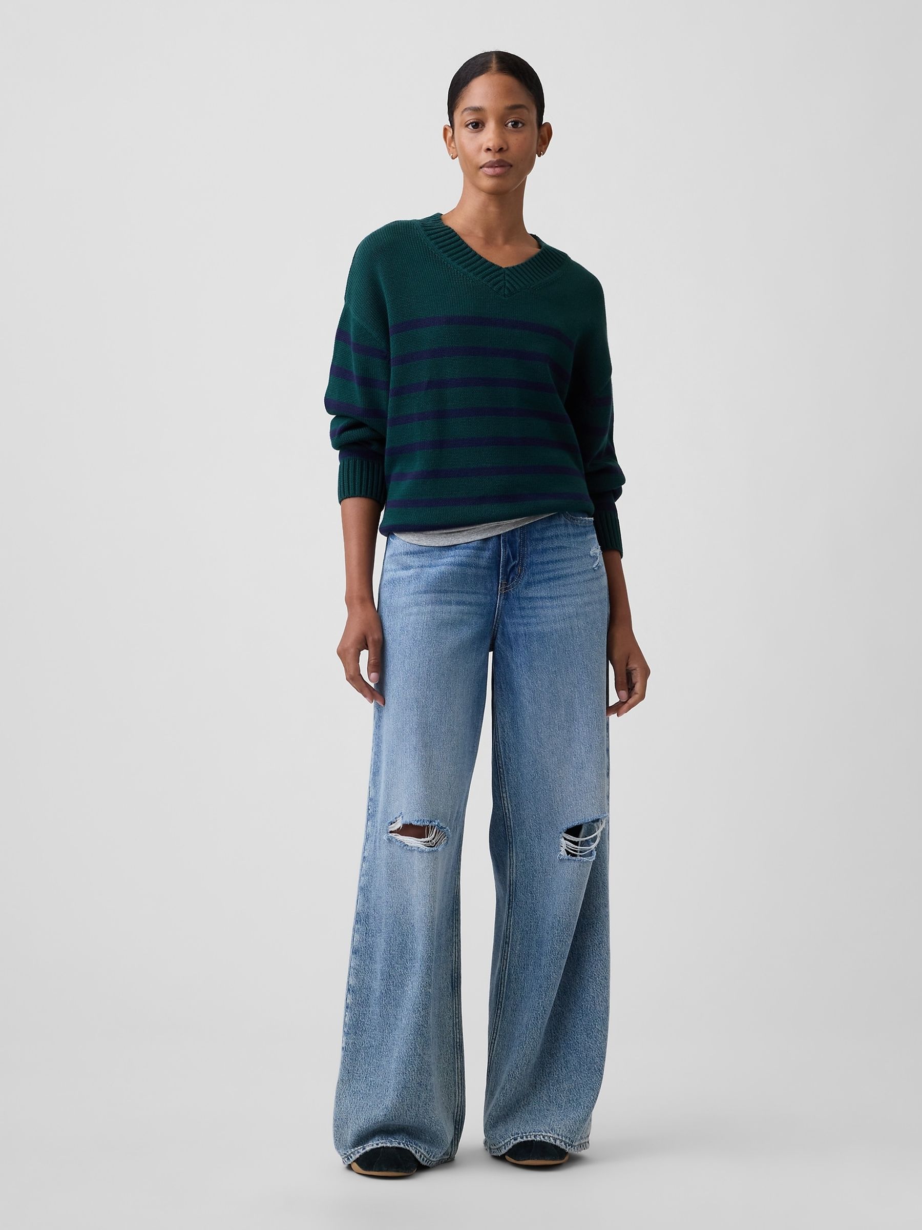 Green Stripe Oversized V-Neck Jumper - Image 3 of 5