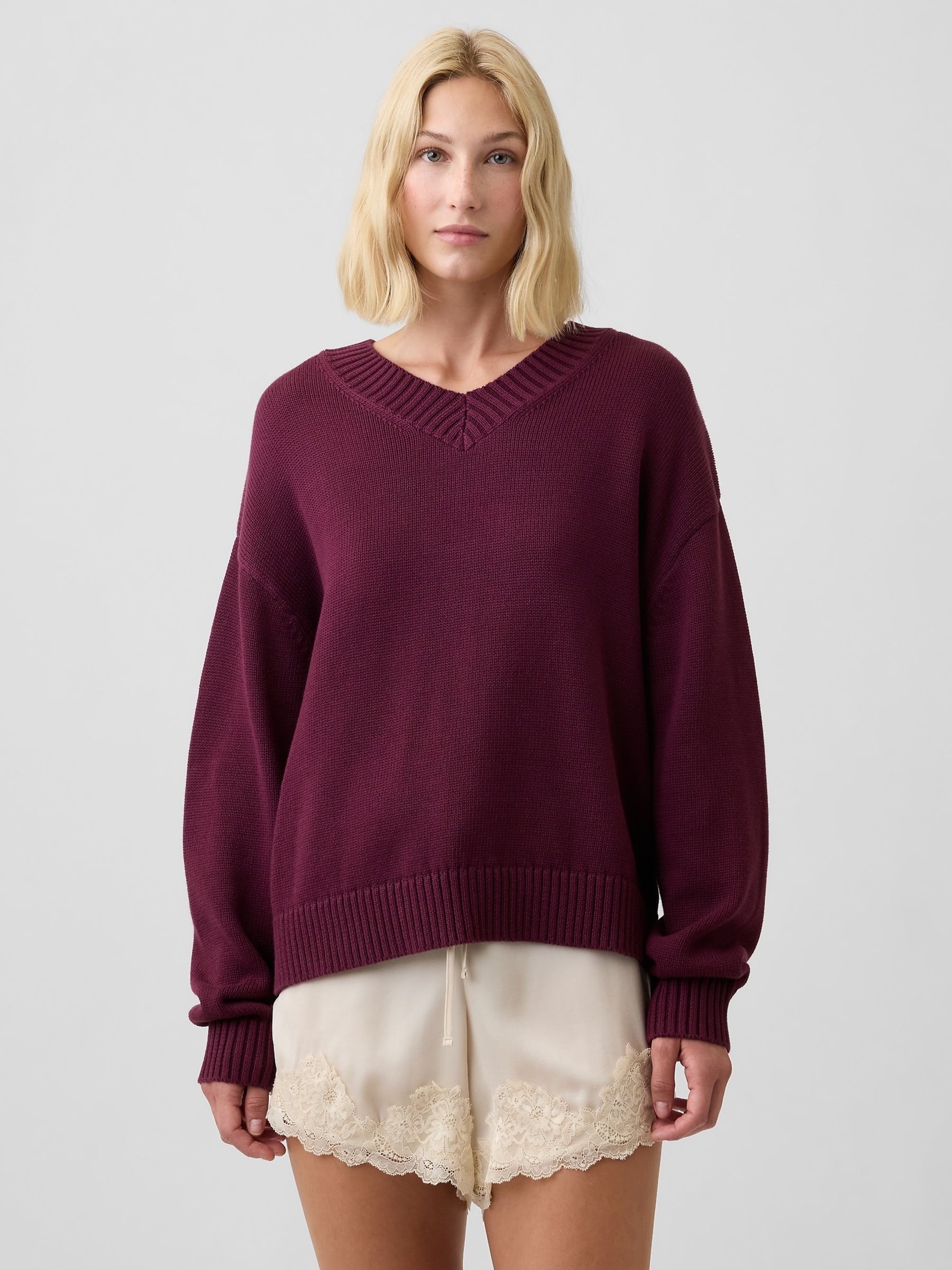 Burgundy Red Oversized V-Neck Jumper - Image 1 of 5