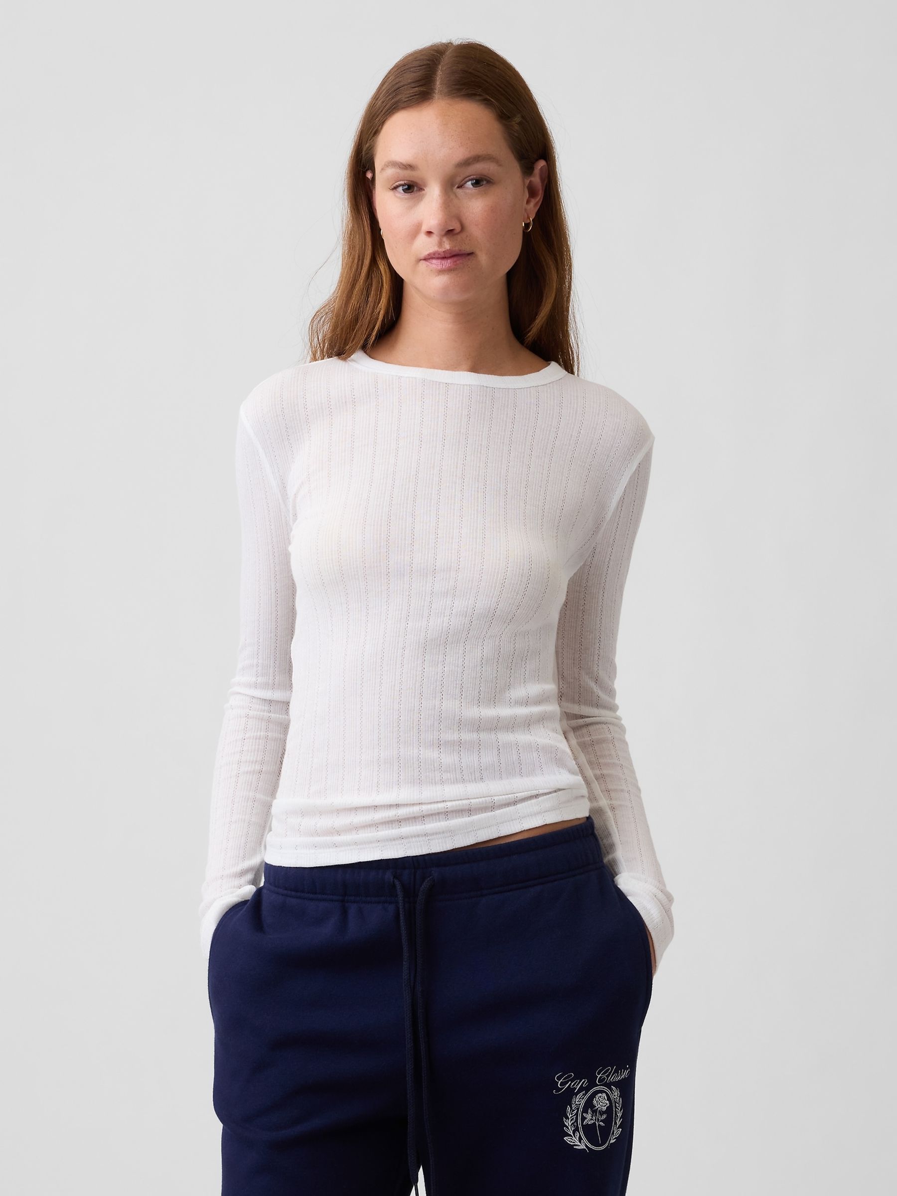 White Essential Ribbed Pointelle Long Sleeve T-Shirt - Image 1 of 5 White Essential Ribbed Pointelle Long Sleeve T-Shirt - Image 1 of 5