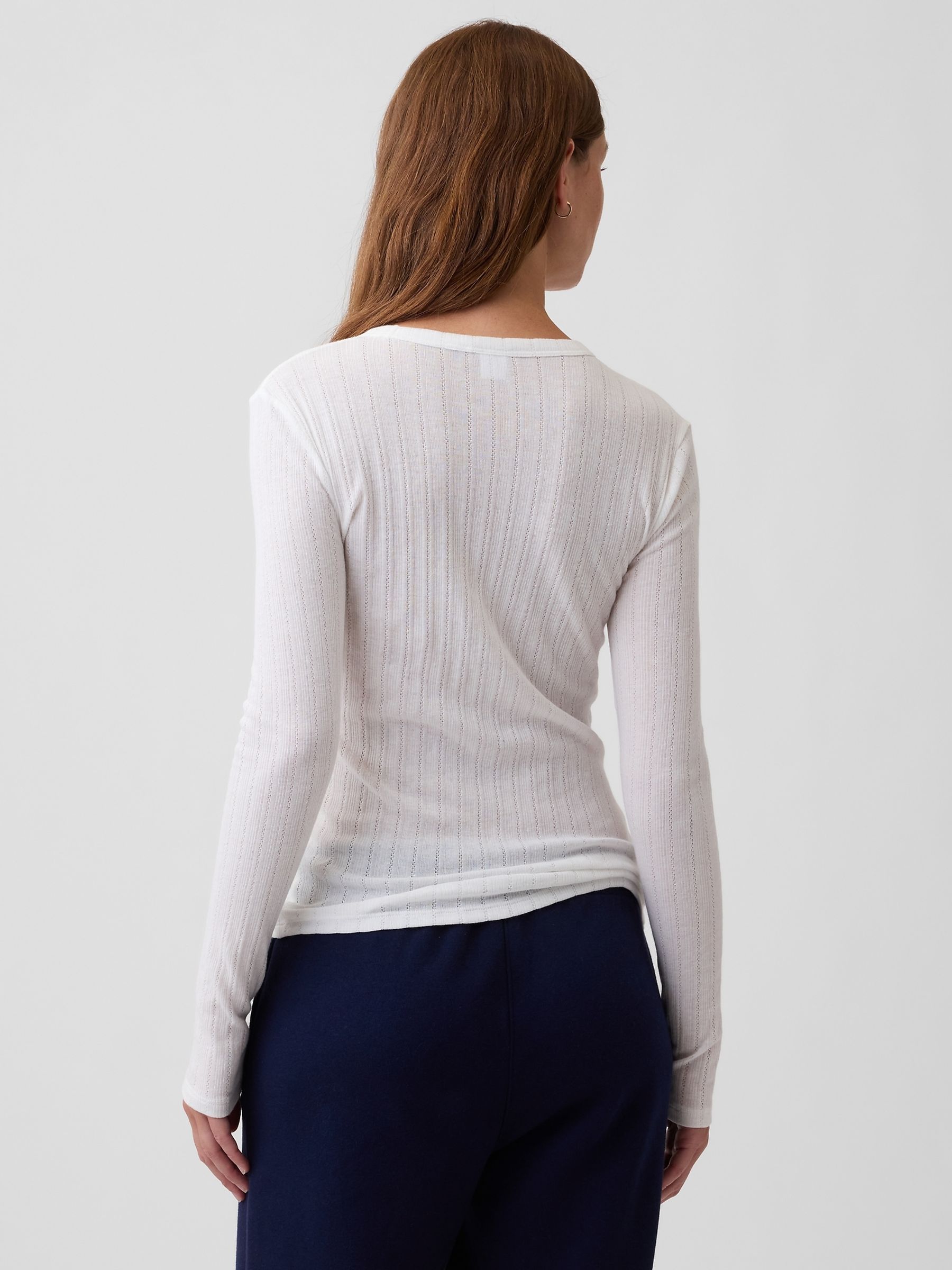 White Essential Ribbed Pointelle Long Sleeve T-Shirt - Image 2 of 5