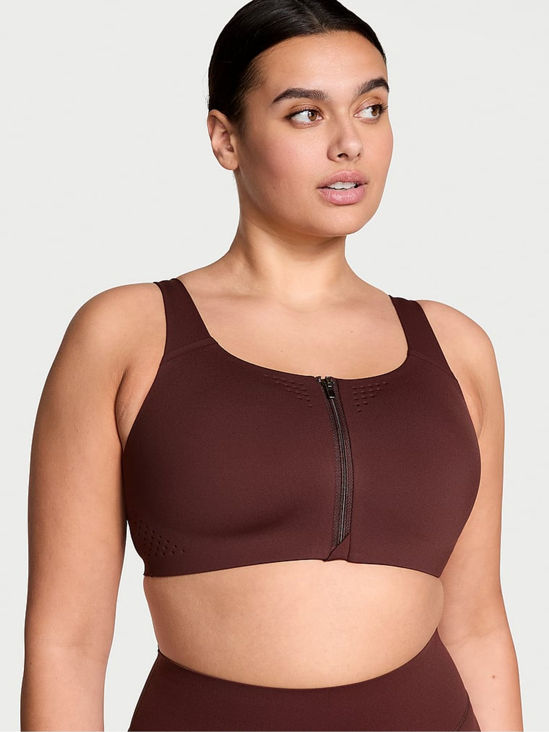 Burgundy Brown Strappy Back Front Close Featherweight Max High Support Sports Bra - Image 1 of 5
