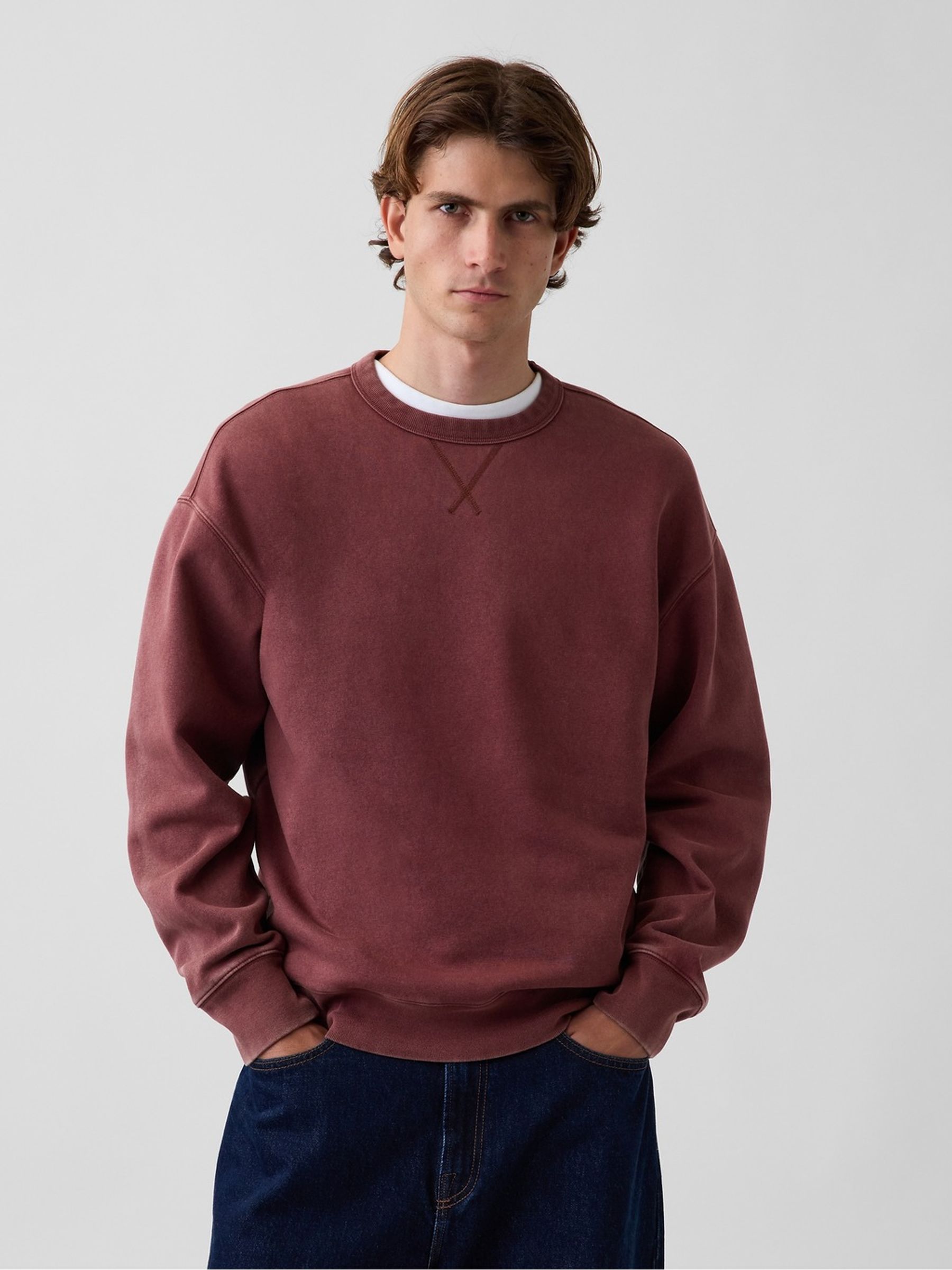 Brown Boxy Washed-Fleece Crew Neck Sweatshirt - Image 1 of 3