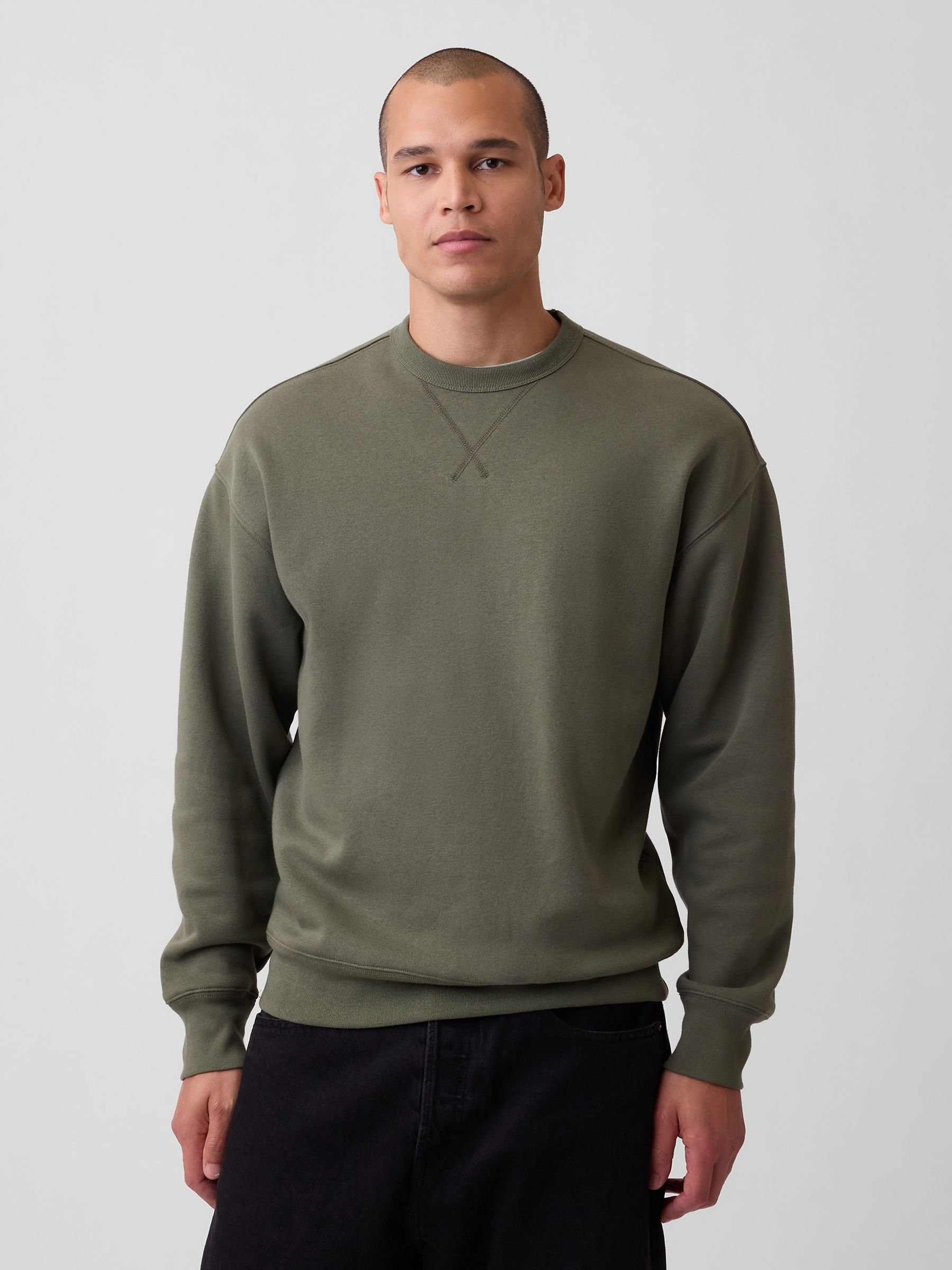 Green Boxy Washed-Fleece Crew Neck Sweatshirt - Image 1 of 3 Green Boxy Washed-Fleece Crew Neck Sweatshirt - Image 1 of 3