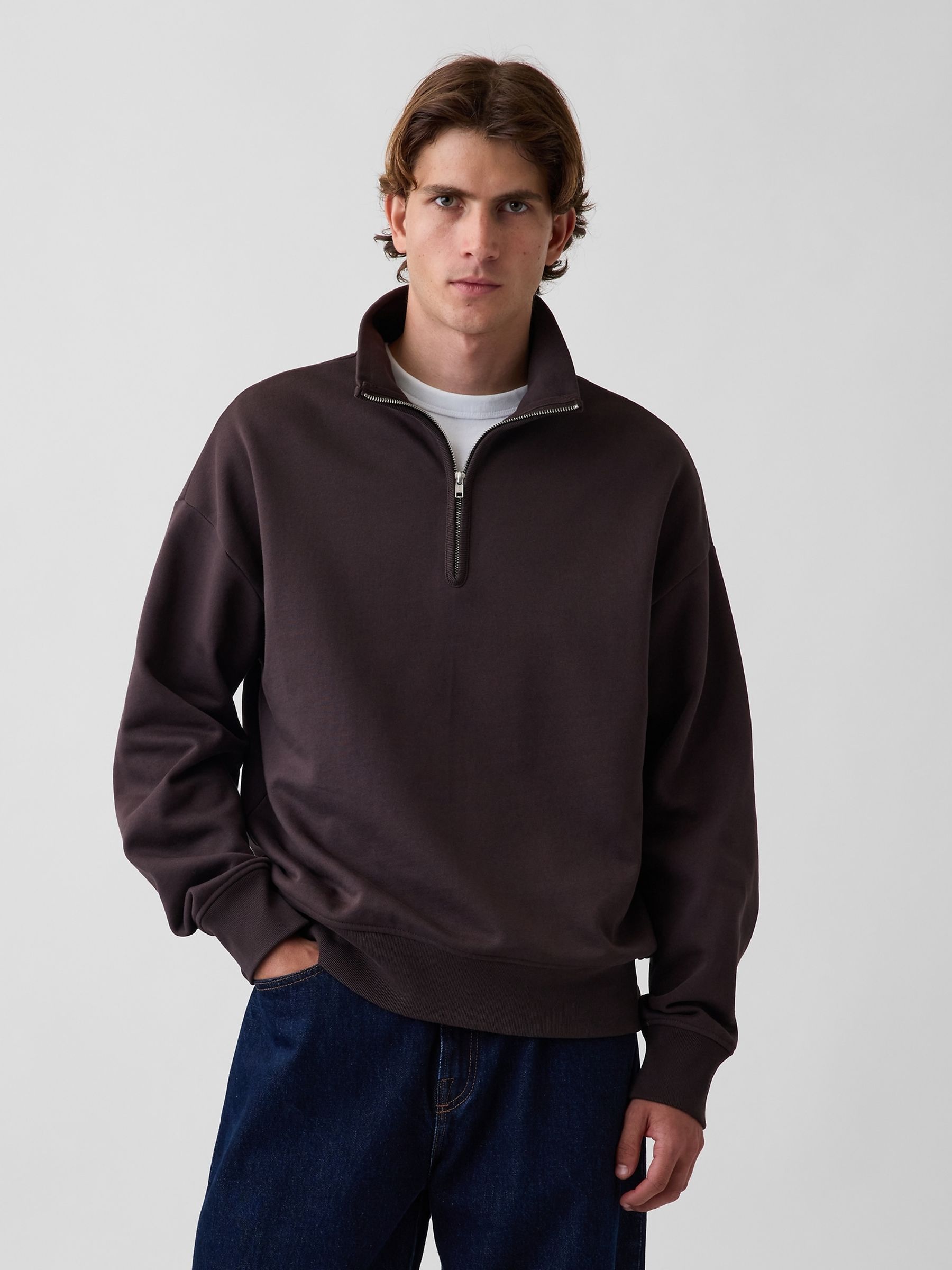 Brown Heavyweight Oversized Quarter-Zip Pullover Sweatshirt - Image 1 of 4 Brown Heavyweight Oversized Quarter-Zip Pullover Sweatshirt - Image 1 of 4