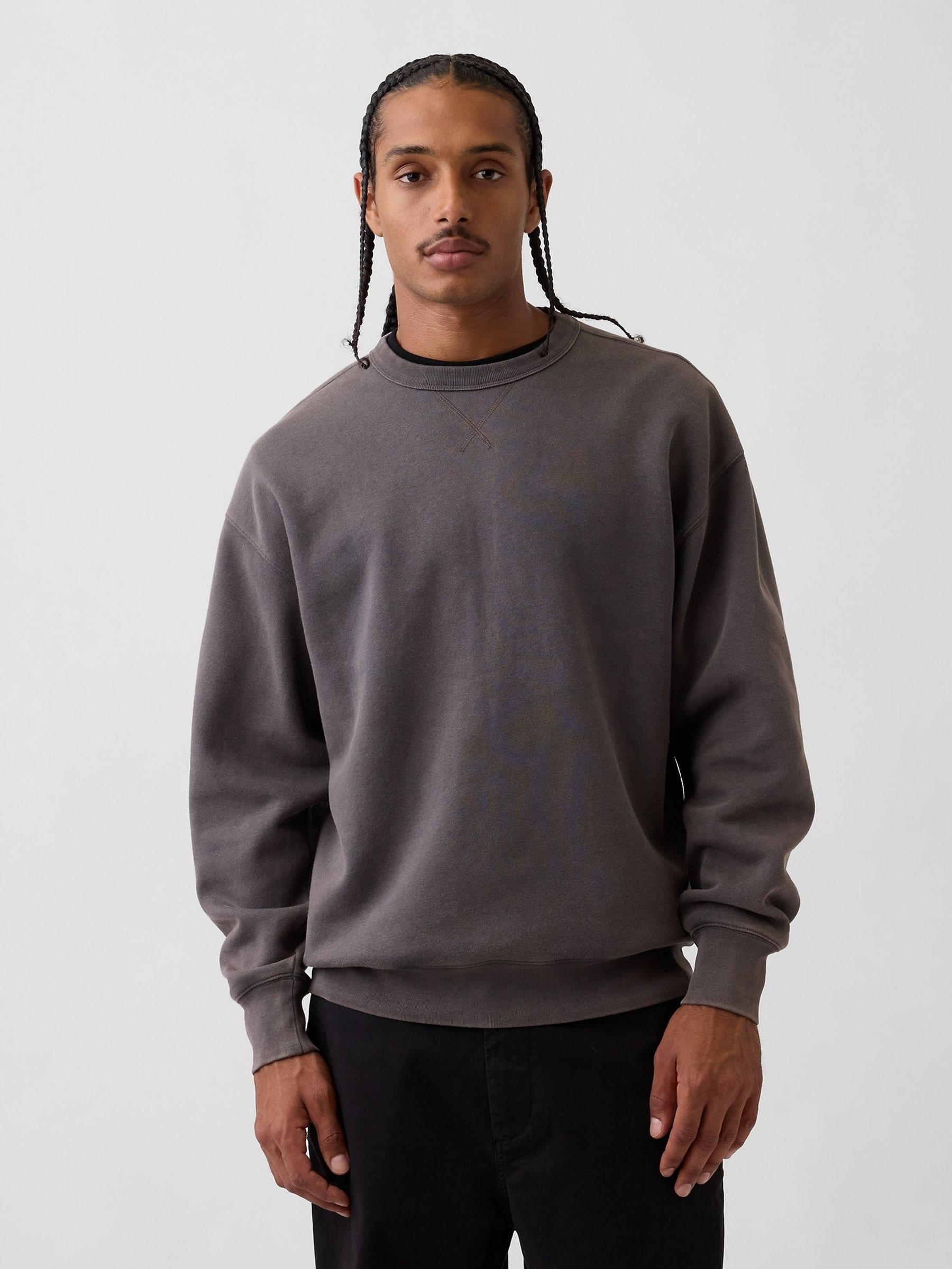 Charcoal Boxy Washed-Fleece Crew Neck Sweatshirt - Image 1 of 4 Charcoal Boxy Washed-Fleece Crew Neck Sweatshirt - Image 1 of 4