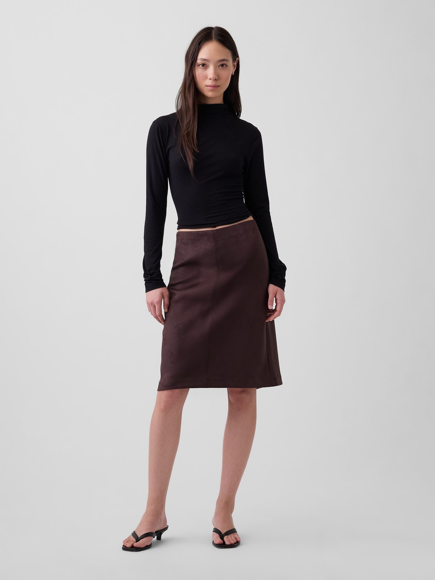 Chocolate Brown Faux Suede Pencil Skirt - Image 1 of 4