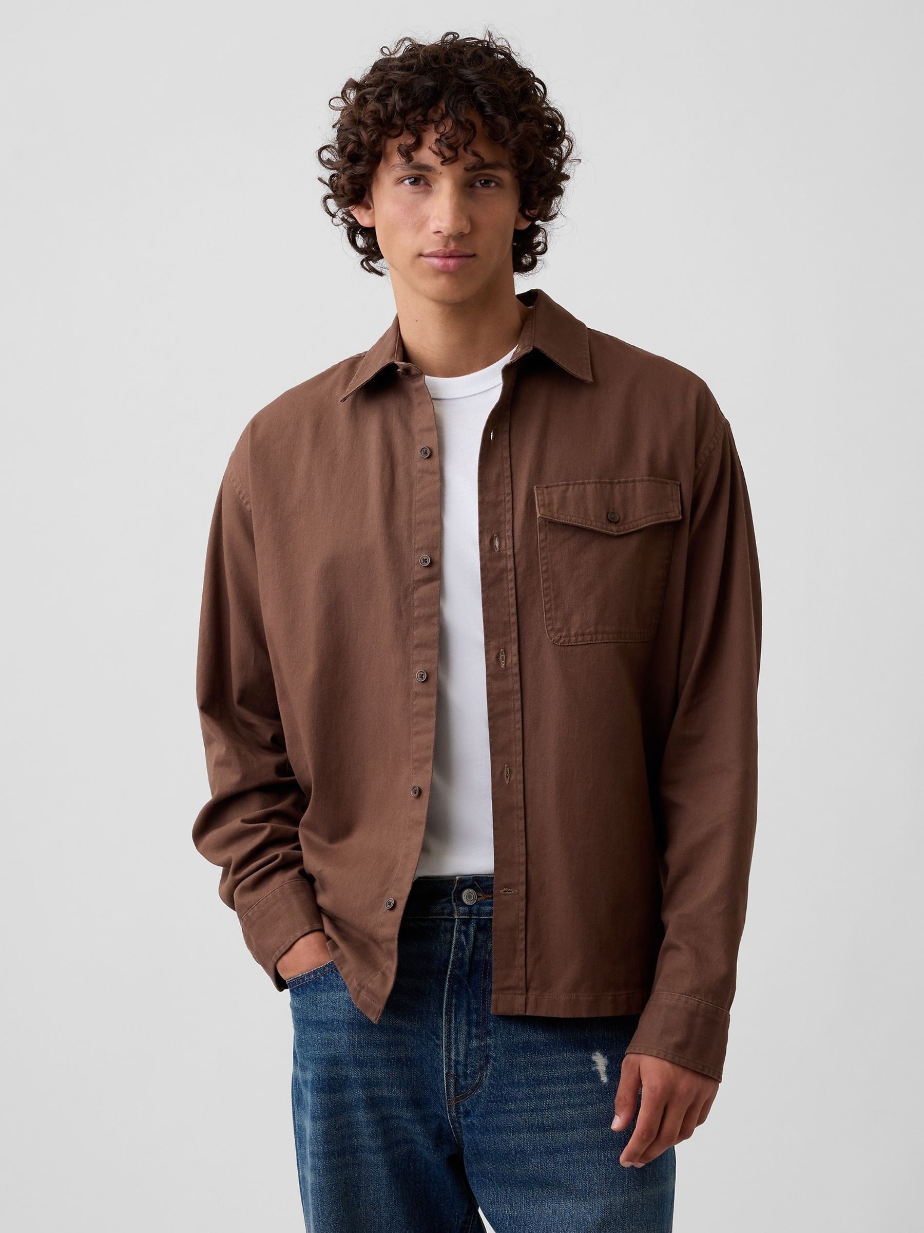 Brown Boxy Fit Twill Shirt - Image 1 of 5 Brown Boxy Fit Twill Shirt - Image 1 of 5