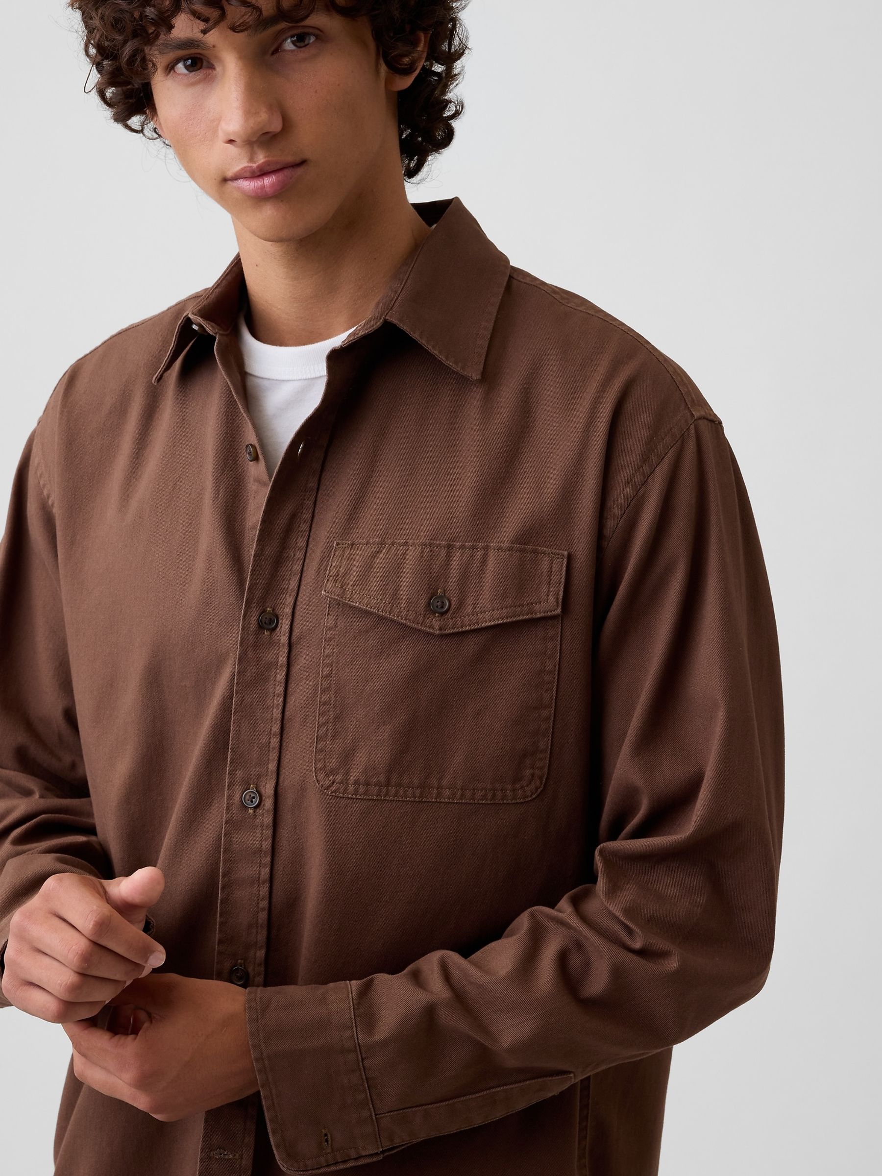 Brown Boxy Fit Twill Shirt - Image 4 of 5