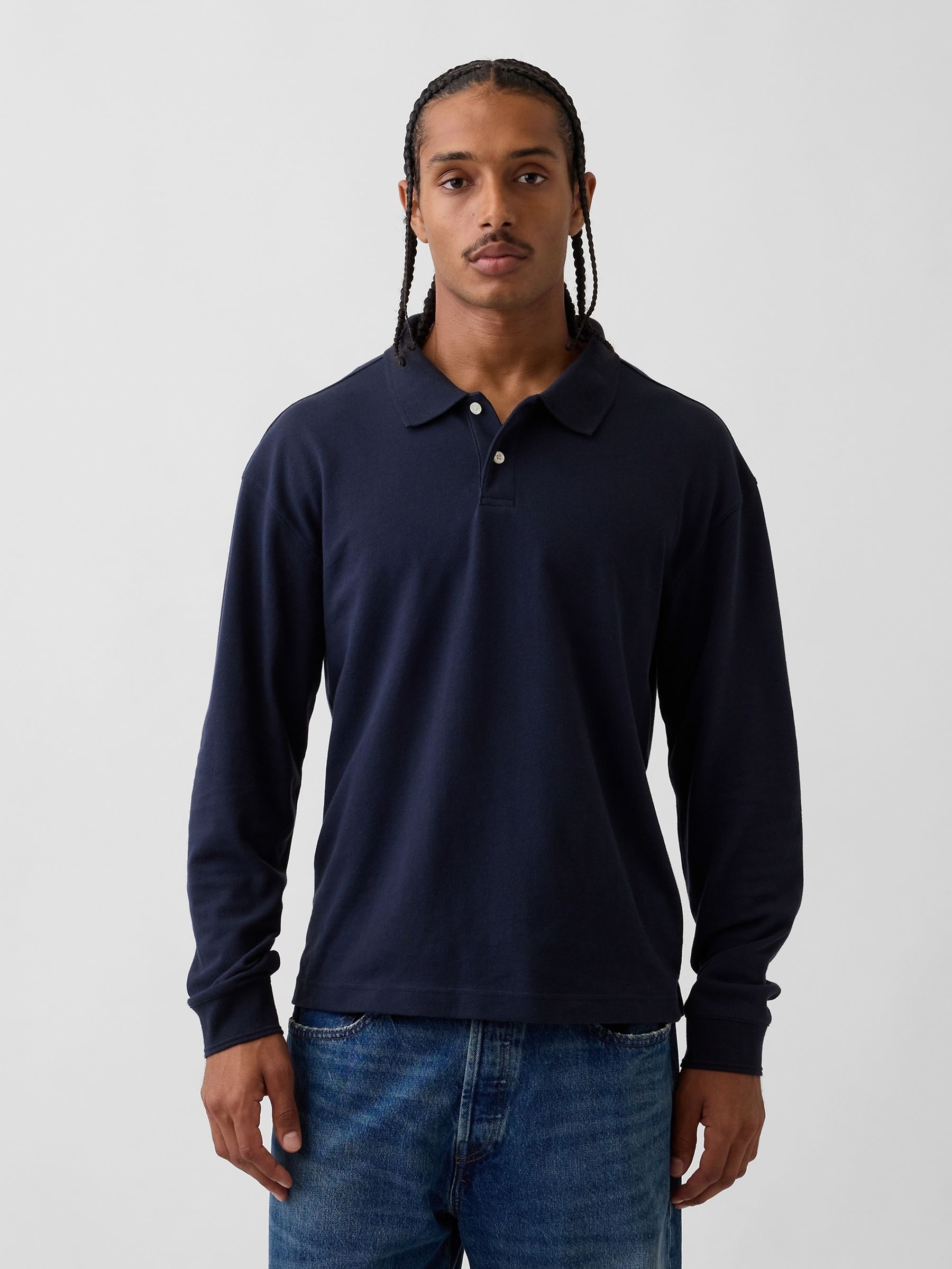 Navy Oversized Pique Polo Shirt - Image 1 of 3