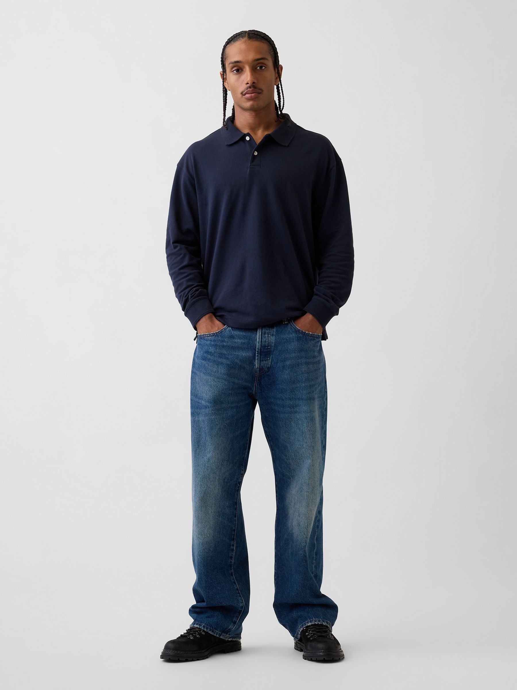 Navy Oversized Pique Polo Shirt - Image 3 of 3 Navy Oversized Pique Polo Shirt - Image 3 of 3