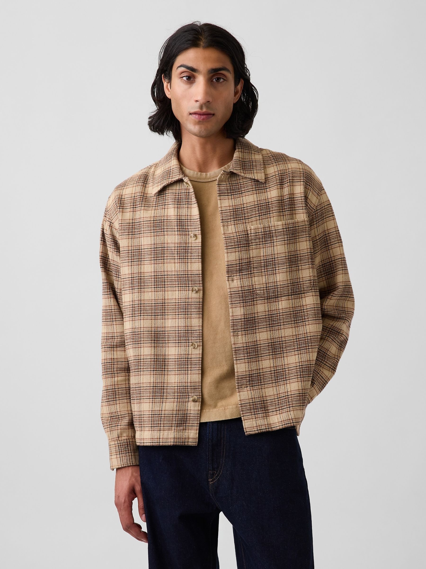 Brown Check Relaxed Straight-Hem Flannel Shirt - Image 1 of 4 Brown Check Relaxed Straight-Hem Flannel Shirt - Image 1 of 4