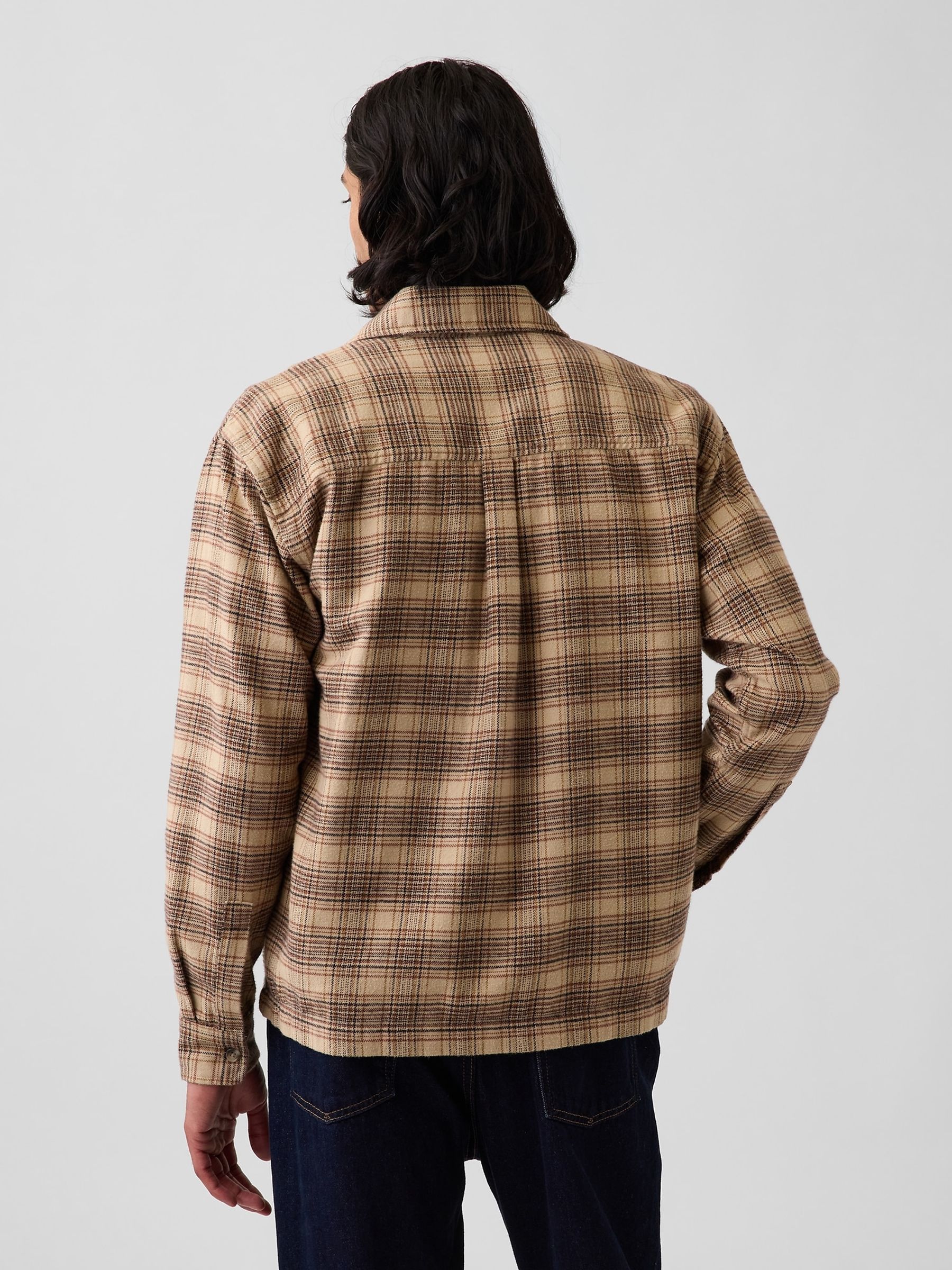 Brown Check Relaxed Straight-Hem Flannel Shirt - Image 2 of 4 Brown Check Relaxed Straight-Hem Flannel Shirt - Image 2 of 4