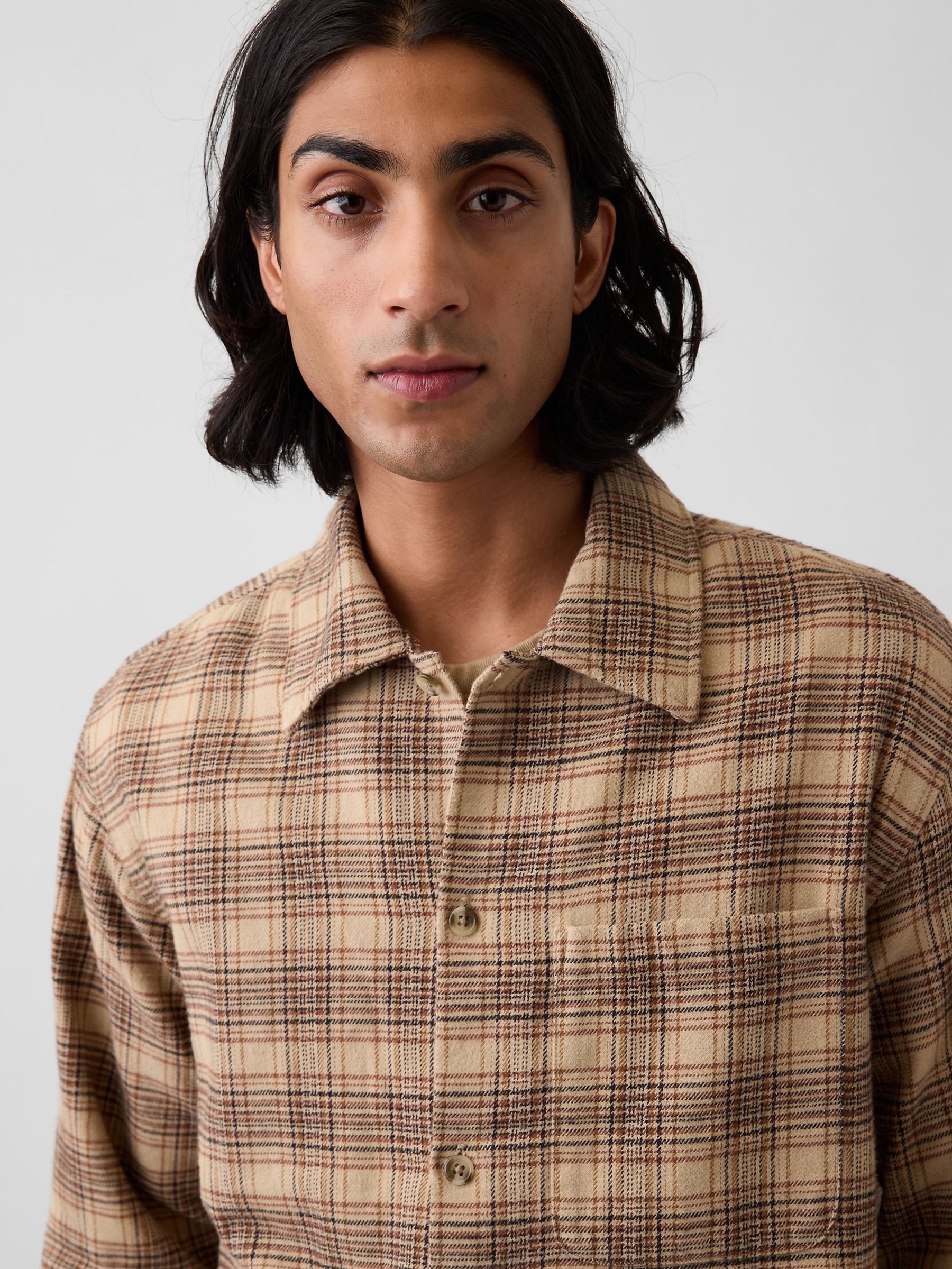 Brown Check Relaxed Straight-Hem Flannel Shirt - Image 4 of 4 Brown Check Relaxed Straight-Hem Flannel Shirt - Image 4 of 4