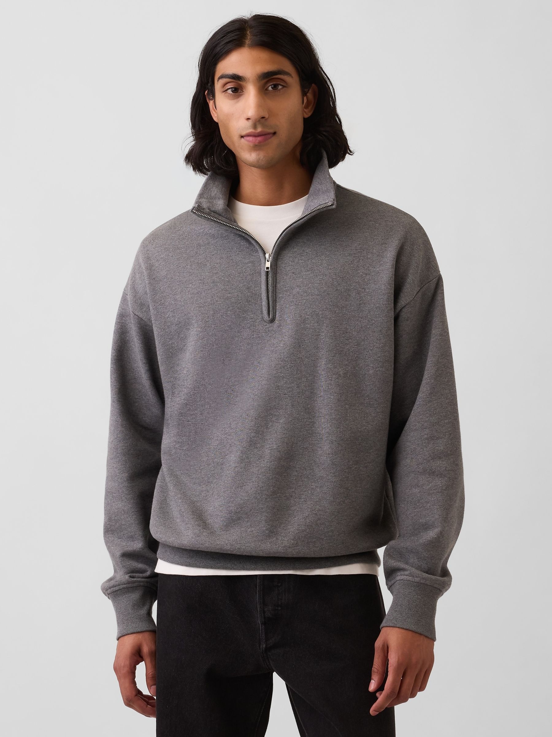 Dark Grey Heavyweight Oversized Quarter-Zip Pullover Sweatshirt - Image 1 of 4 Dark Grey Heavyweight Oversized Quarter-Zip Pullover Sweatshirt - Image 1 of 4