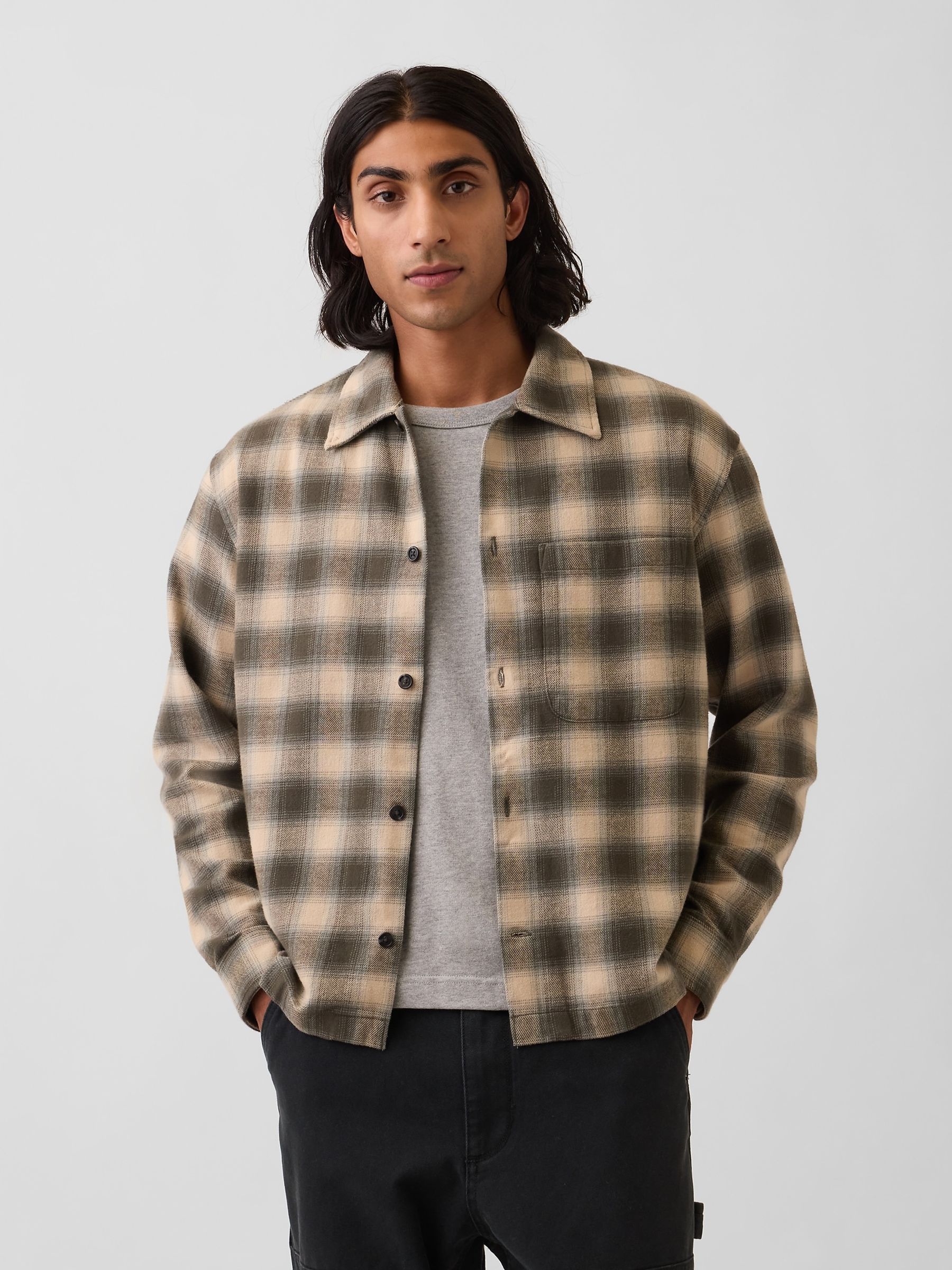Green & Beige Check Relaxed Straight-Hem Flannel Shirt - Image 1 of 4