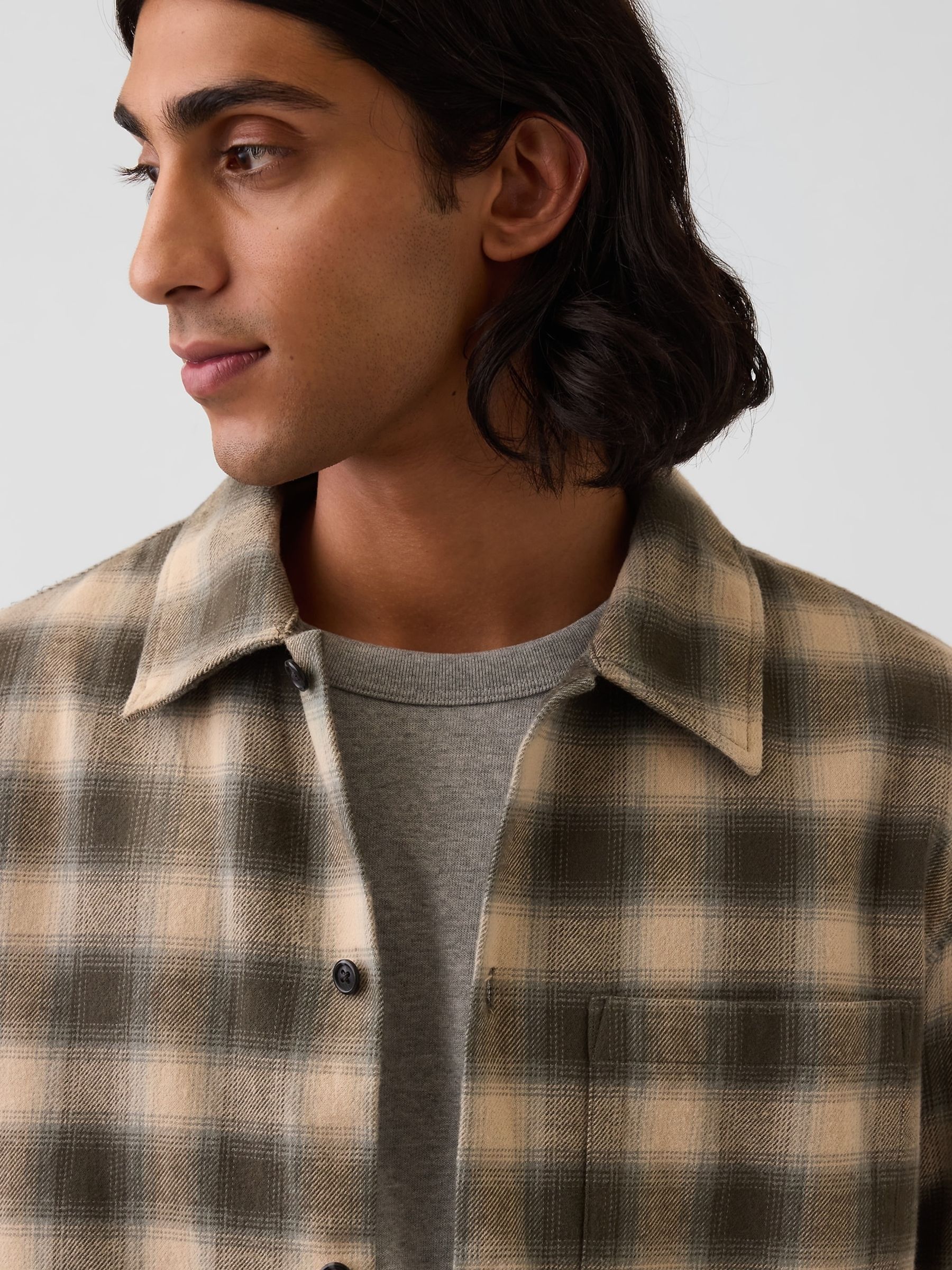 Green & Beige Check Relaxed Straight-Hem Flannel Shirt - Image 4 of 4