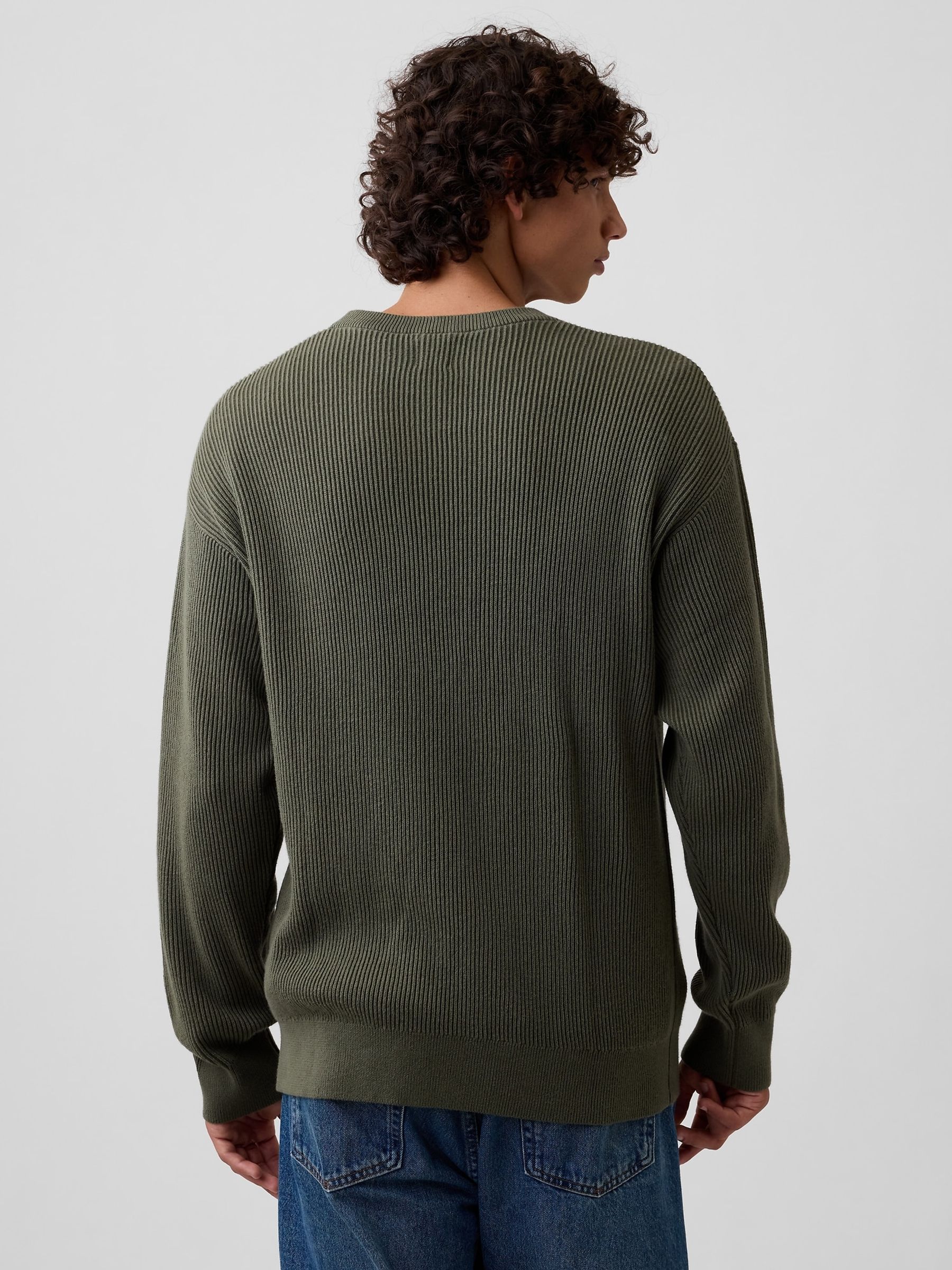 Green Relaxed Fisherman Stitch Crew Neck Jumper - Image 2 of 5