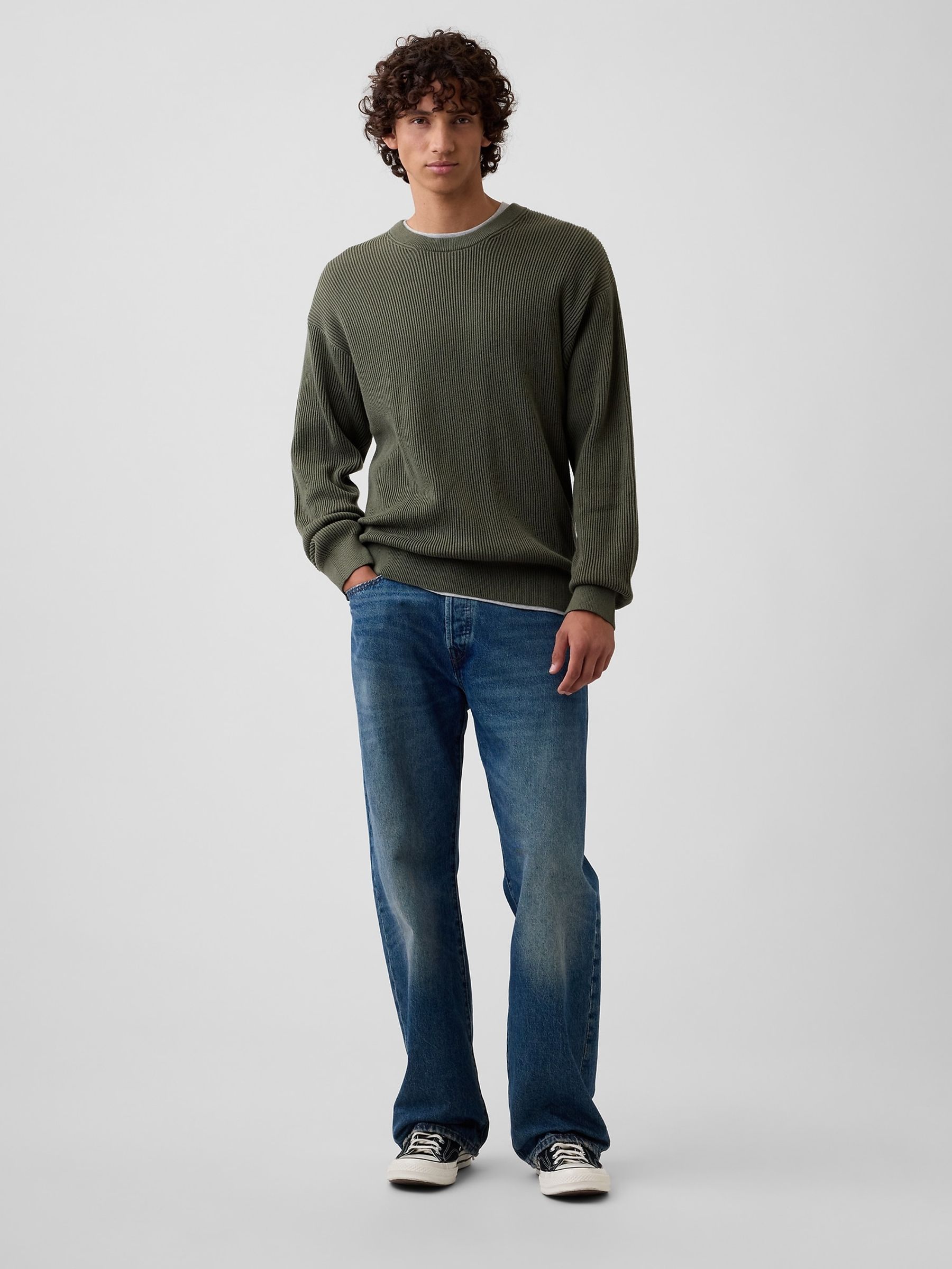 Green Relaxed Fisherman Stitch Crew Neck Jumper - Image 3 of 5