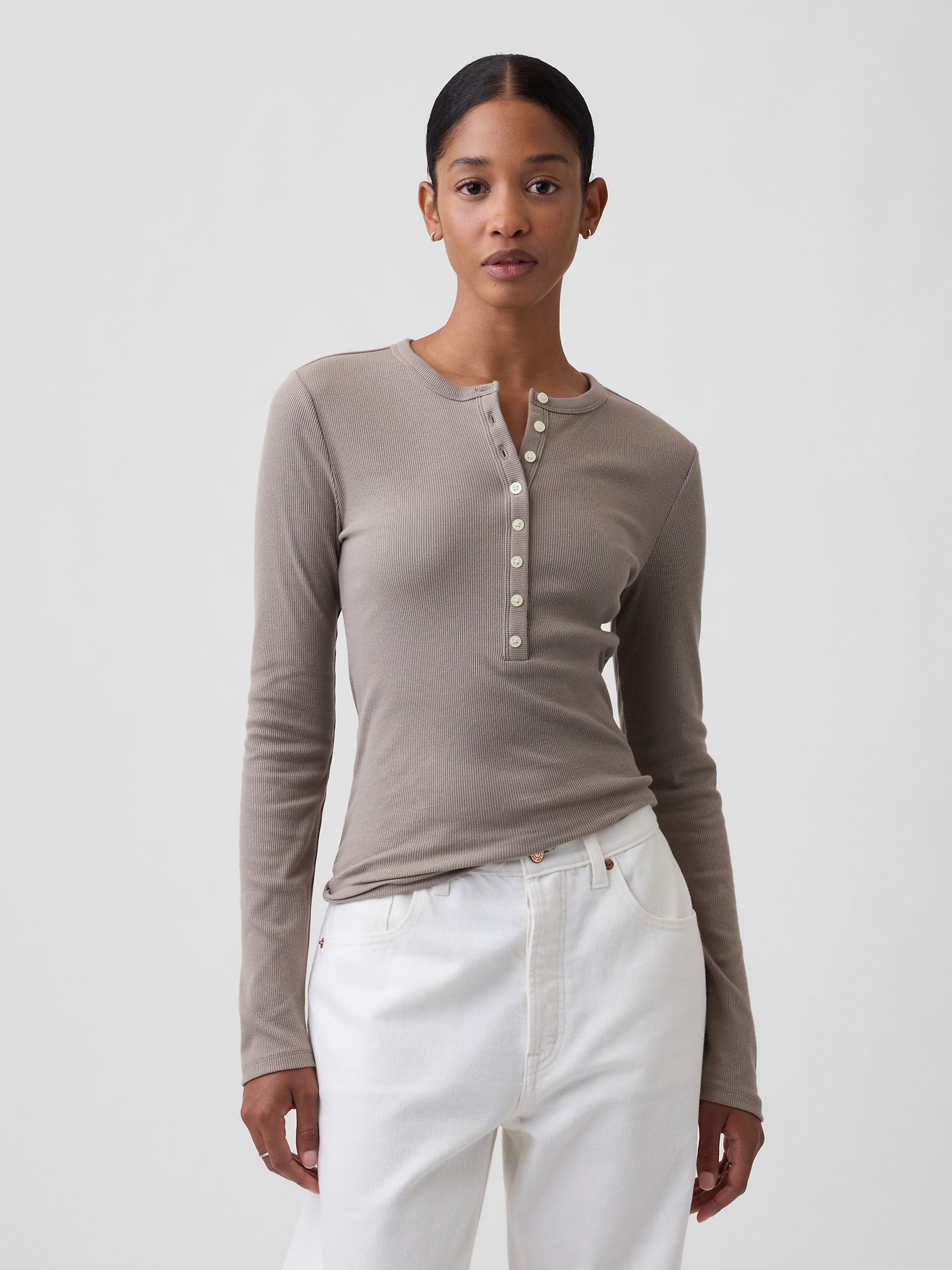 Brown Ribbed Henley Long Sleeve T-Shirt - Image 1 of 5 Brown Ribbed Henley Long Sleeve T-Shirt - Image 1 of 5