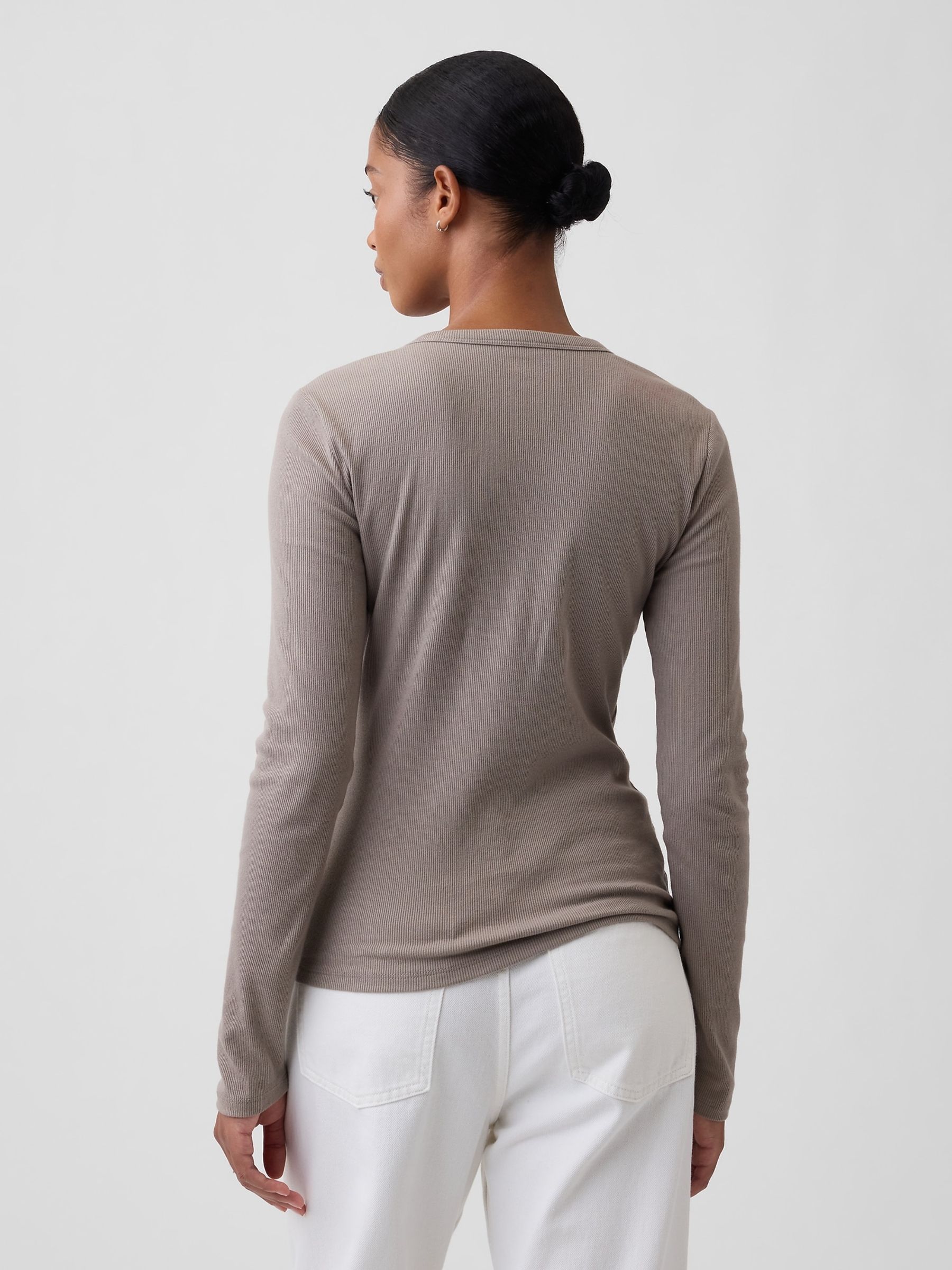 Brown Ribbed Henley Long Sleeve T-Shirt - Image 2 of 5