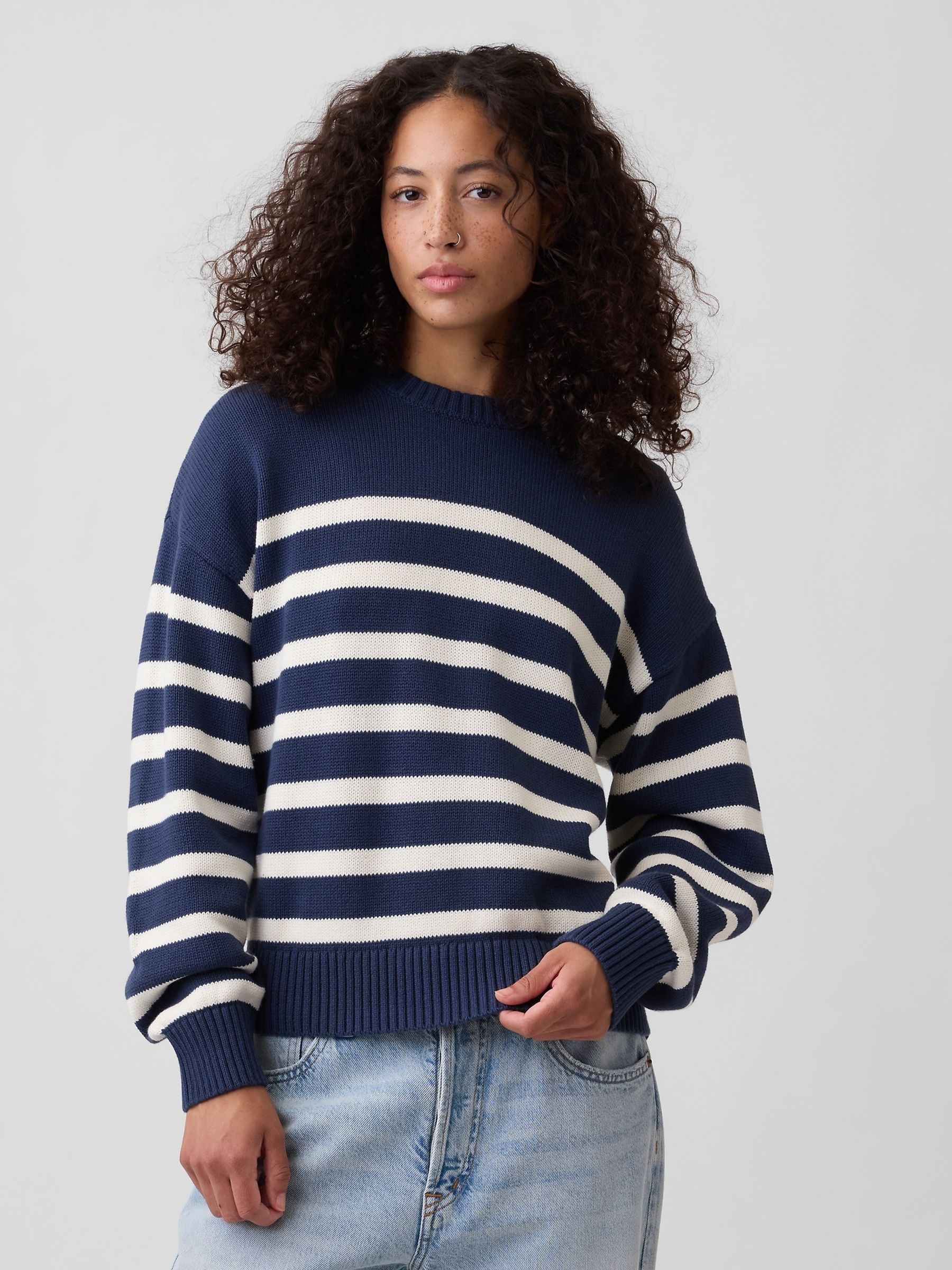 Blue Stripe Relaxed Crew Neck Jumper - Image 1 of 4