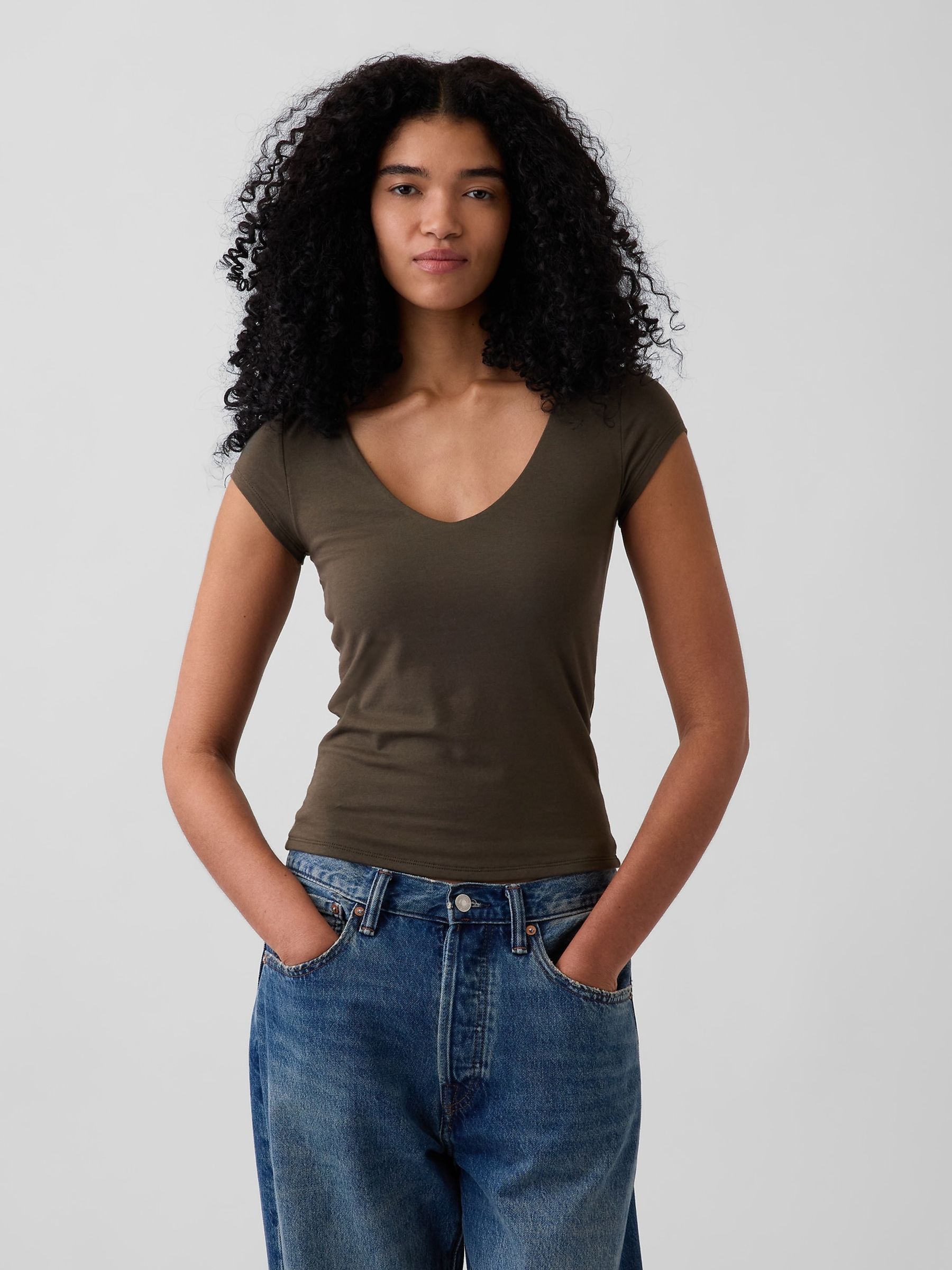 Brown Close Knit Jersey V-Neck T-Shirt - Image 1 of 4