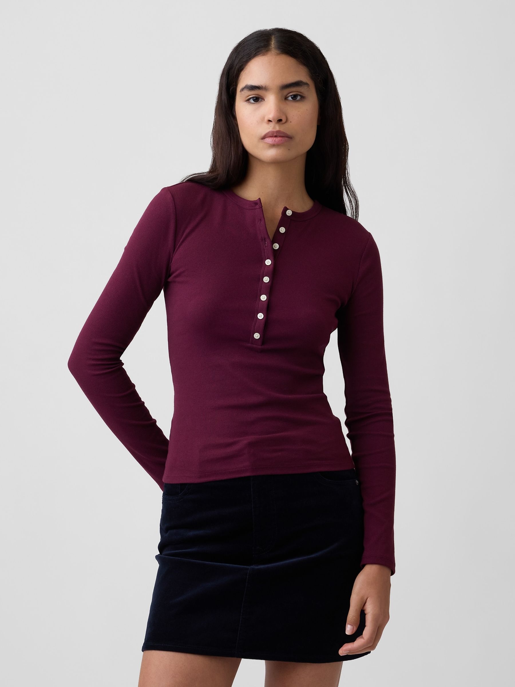 Plum Purple Ribbed Henley Long Sleeve T-Shirt - Image 1 of 5 Plum Purple Ribbed Henley Long Sleeve T-Shirt - Image 1 of 5