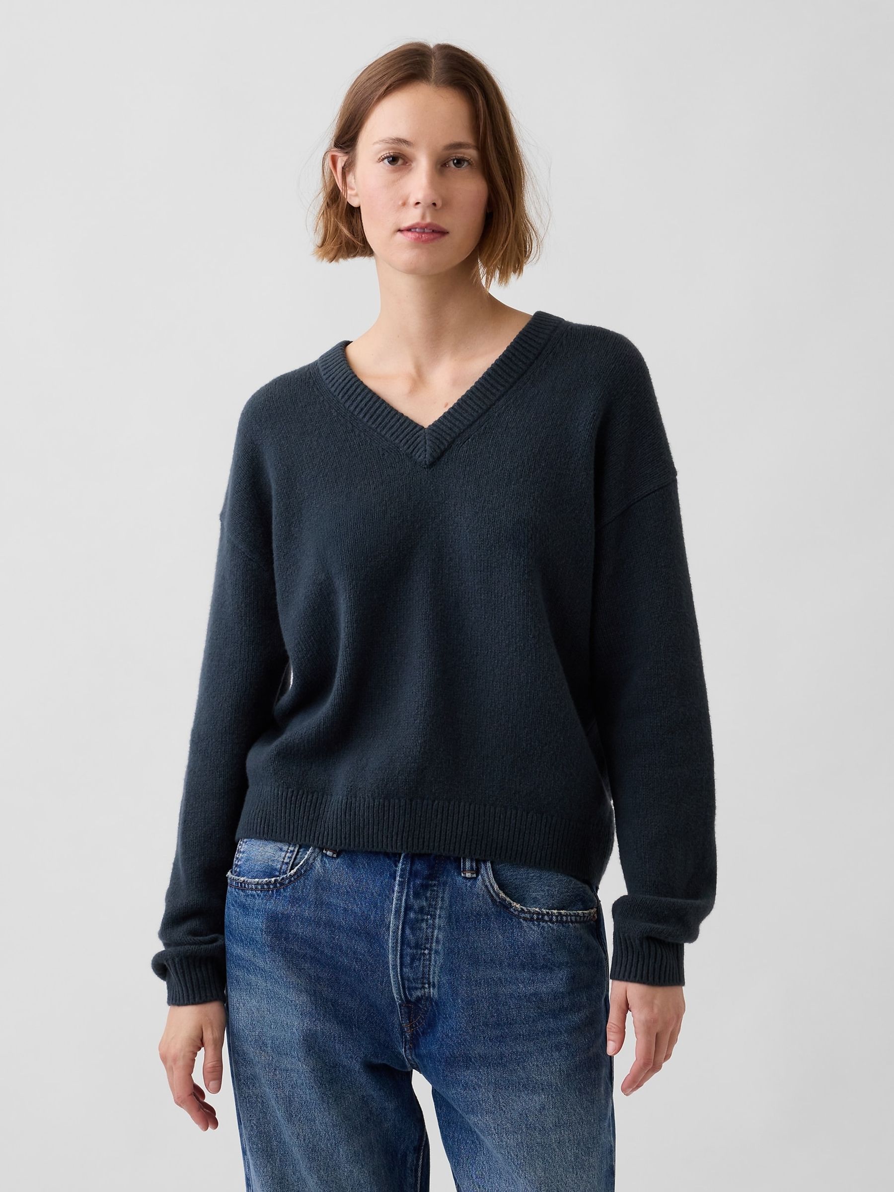 Dark Teal CashSoft Oversized V-Neck Jumper - Image 1 of 1 Dark Teal CashSoft Oversized V-Neck Jumper - Image 1 of 1