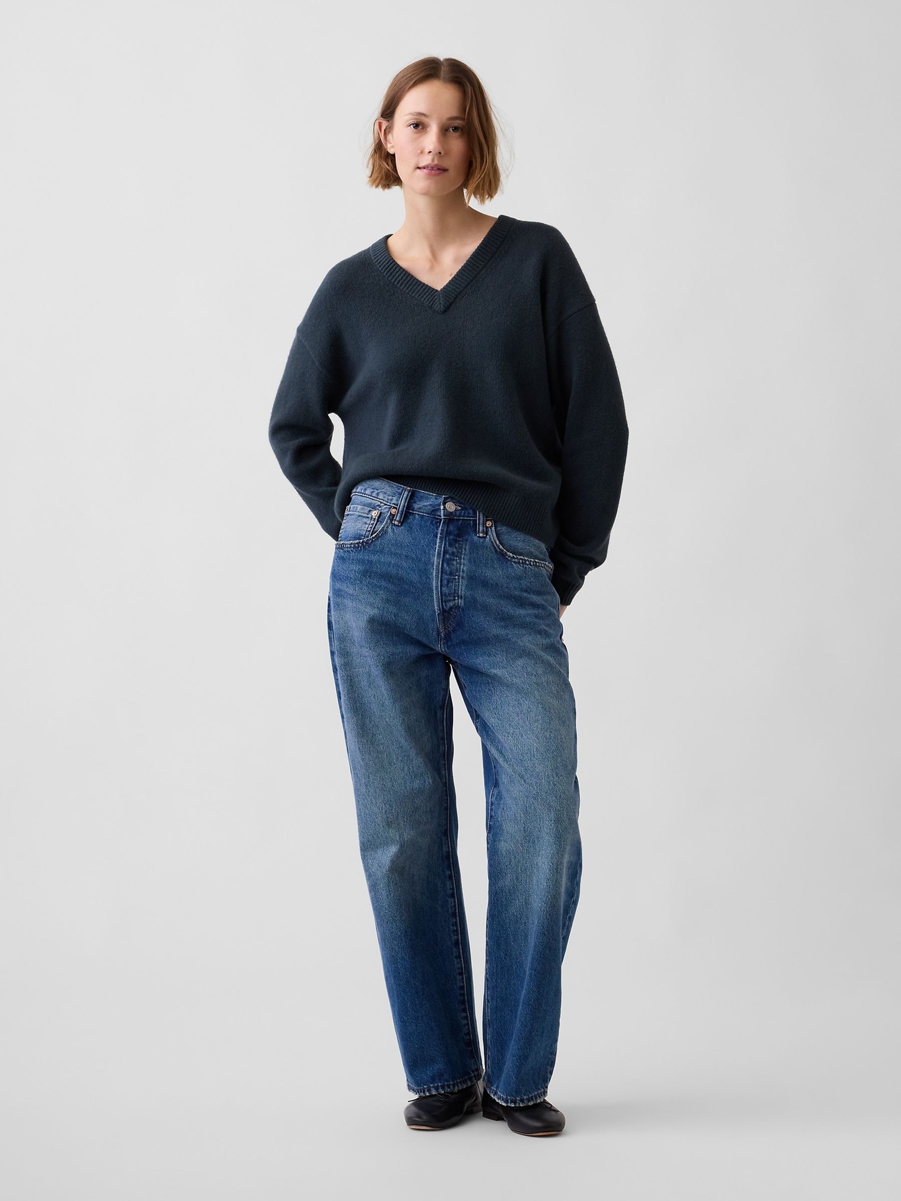 Dark Teal CashSoft Oversized V-Neck Jumper - Image 4 of 4