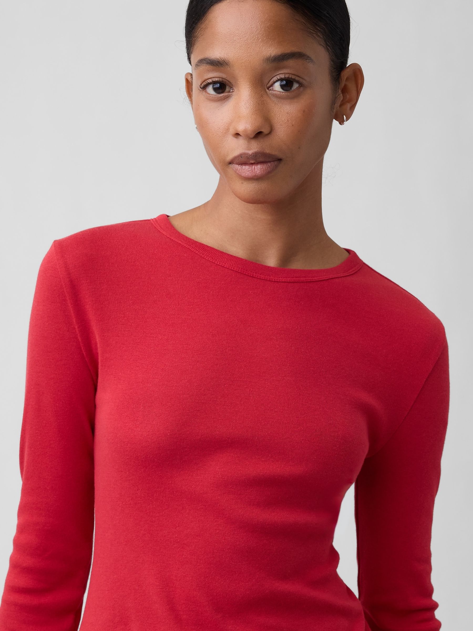 Red Modern Ribbed Long Sleeve T-Shirt - Image 3 of 5