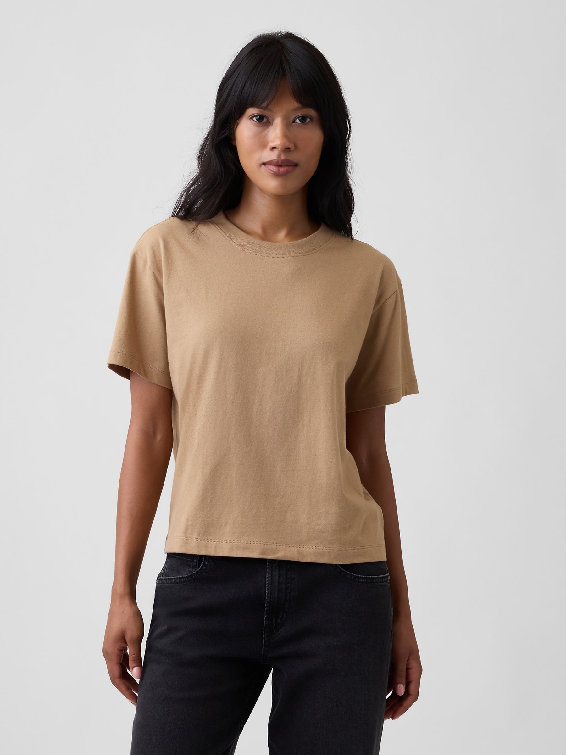 Light Brown Boxy Crew Neck T-Shirt - Image 1 of 5