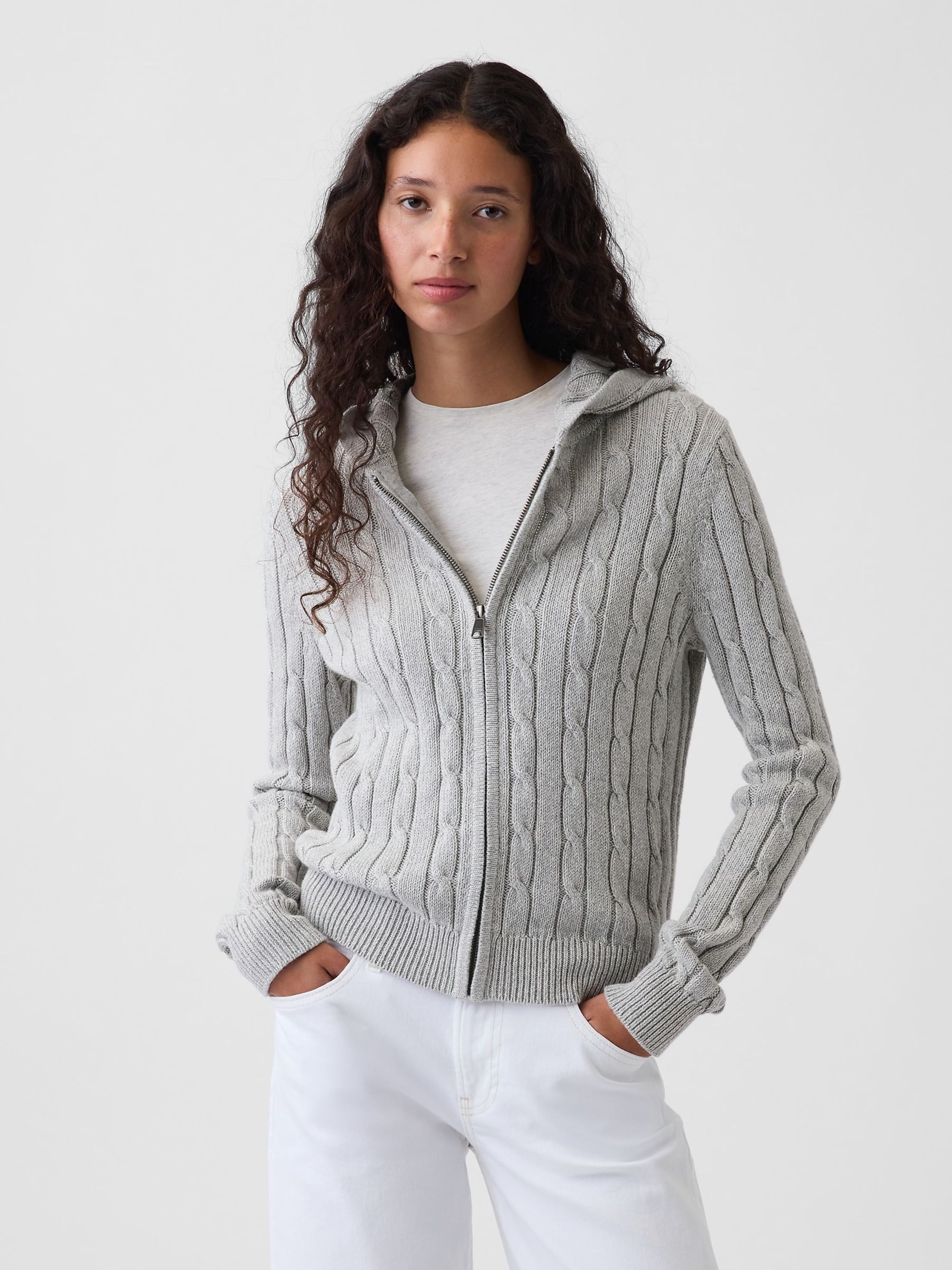 Grey Cable-Knit Zip-Up Cardigan - Image 1 of 4