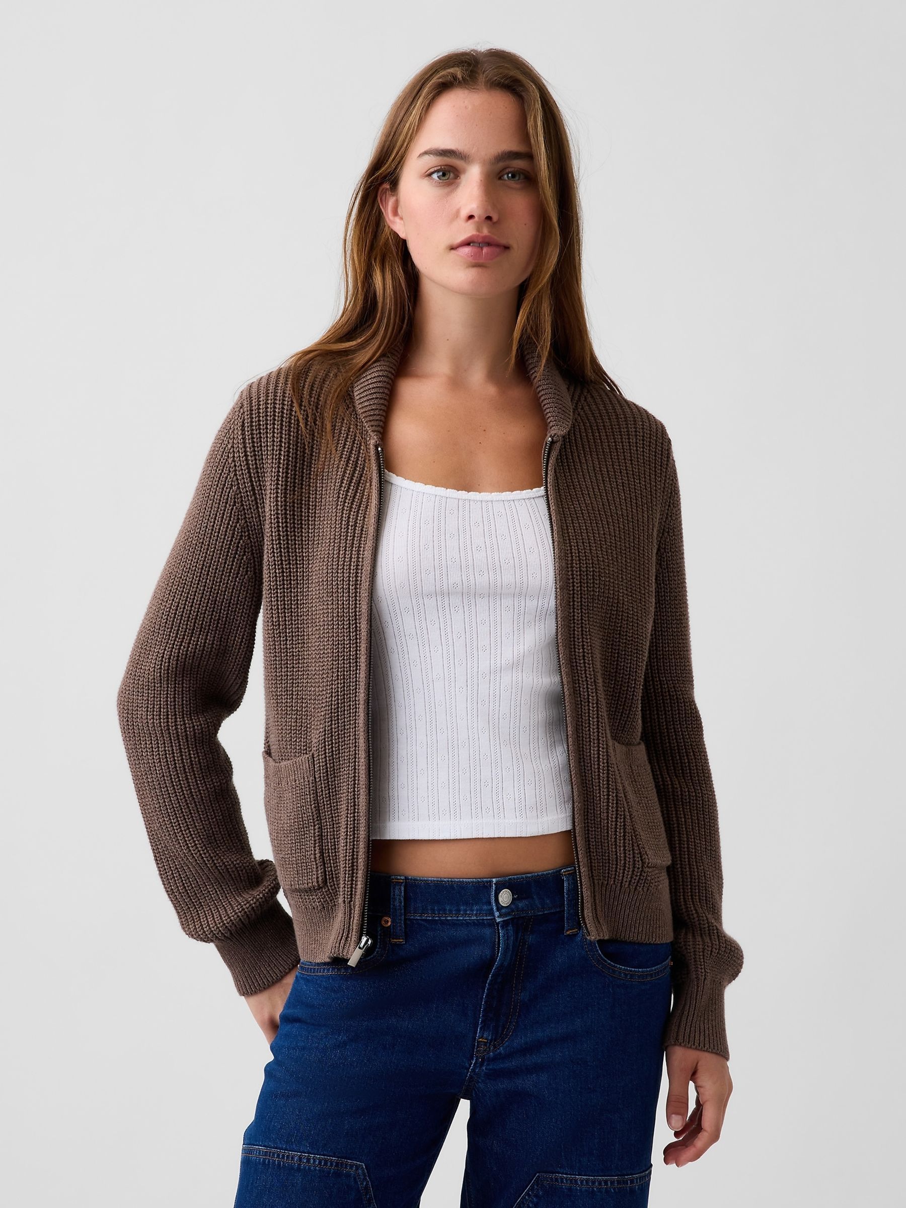 Brown Zip-Up Cardigan - Image 1 of 4 Brown Zip-Up Cardigan - Image 1 of 4