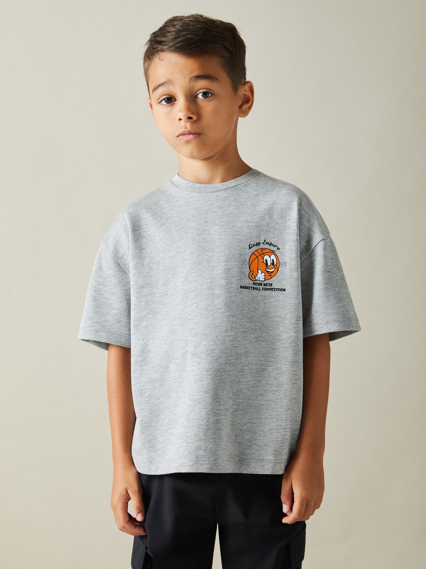 13-14 yrs Oversized Cotton Basketball Motif Crew Neck T-Shirt in Grey Melange - Image 2 of 5