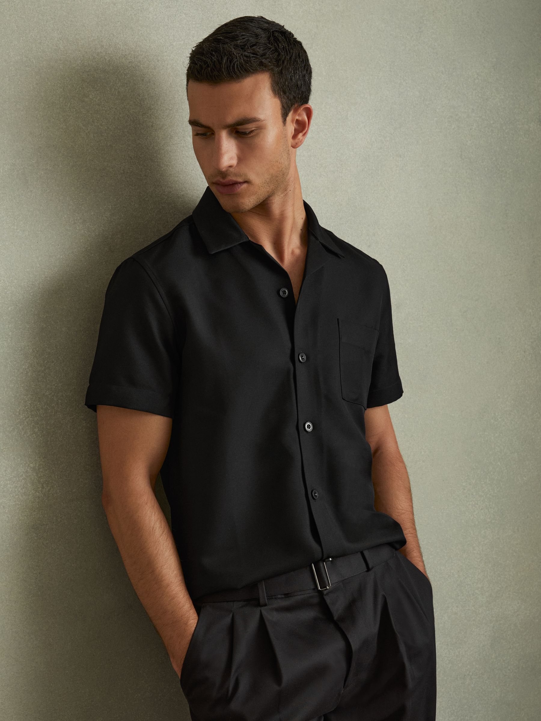 Cuban Collar Button-Through Shirt in Black - Image 1 of 5