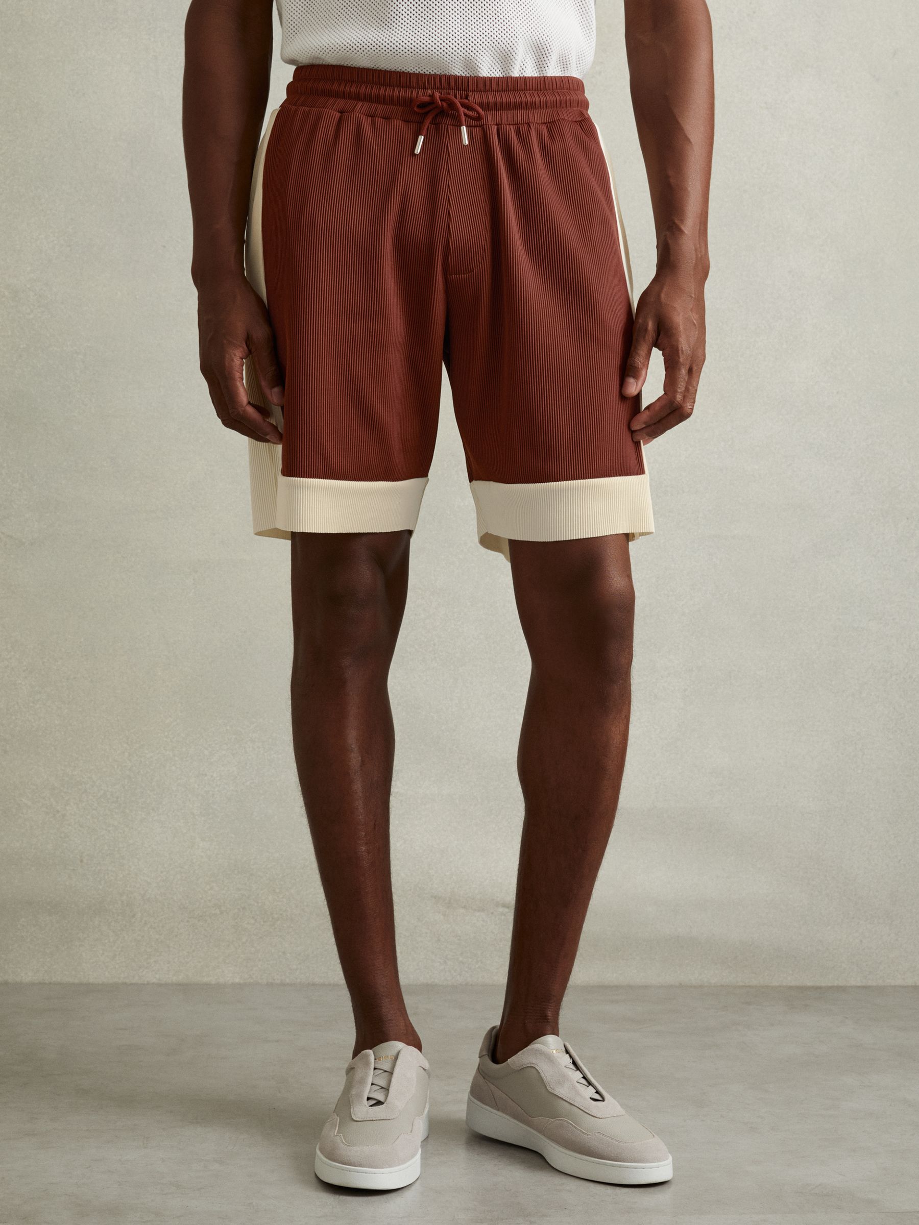 Colourblock Plisse Drawstring Shorts in Rust Red/ Off White - Image 1 of 5